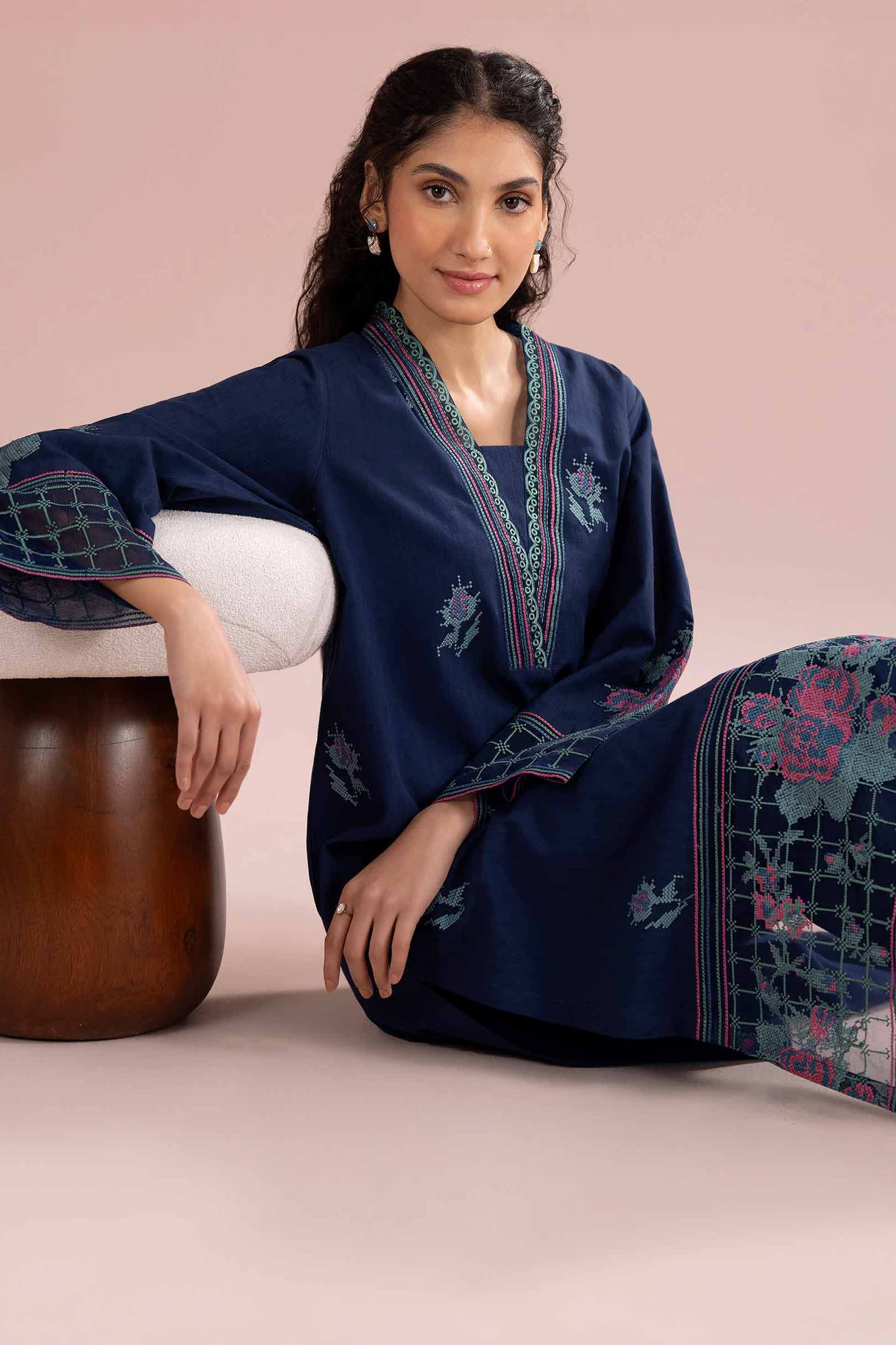 2 Piece - Embroidered Suit - PE26-230 Blue Jacquard 2PC Embroidered READY TO WEAR