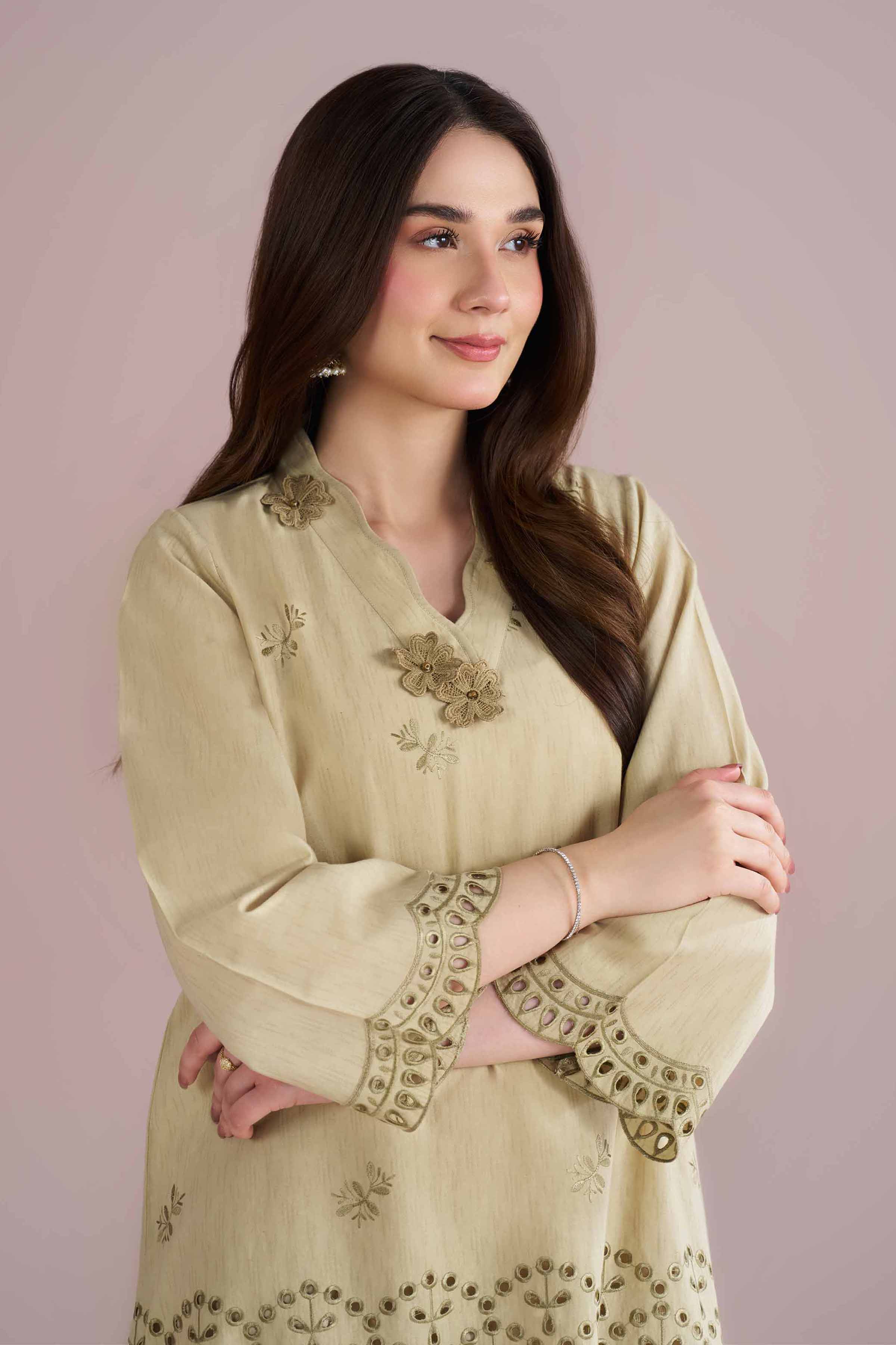 2 Piece - Embroidered Suit - PE26-233 Ready To Wear Beige Jacquard 2PC Embroidered