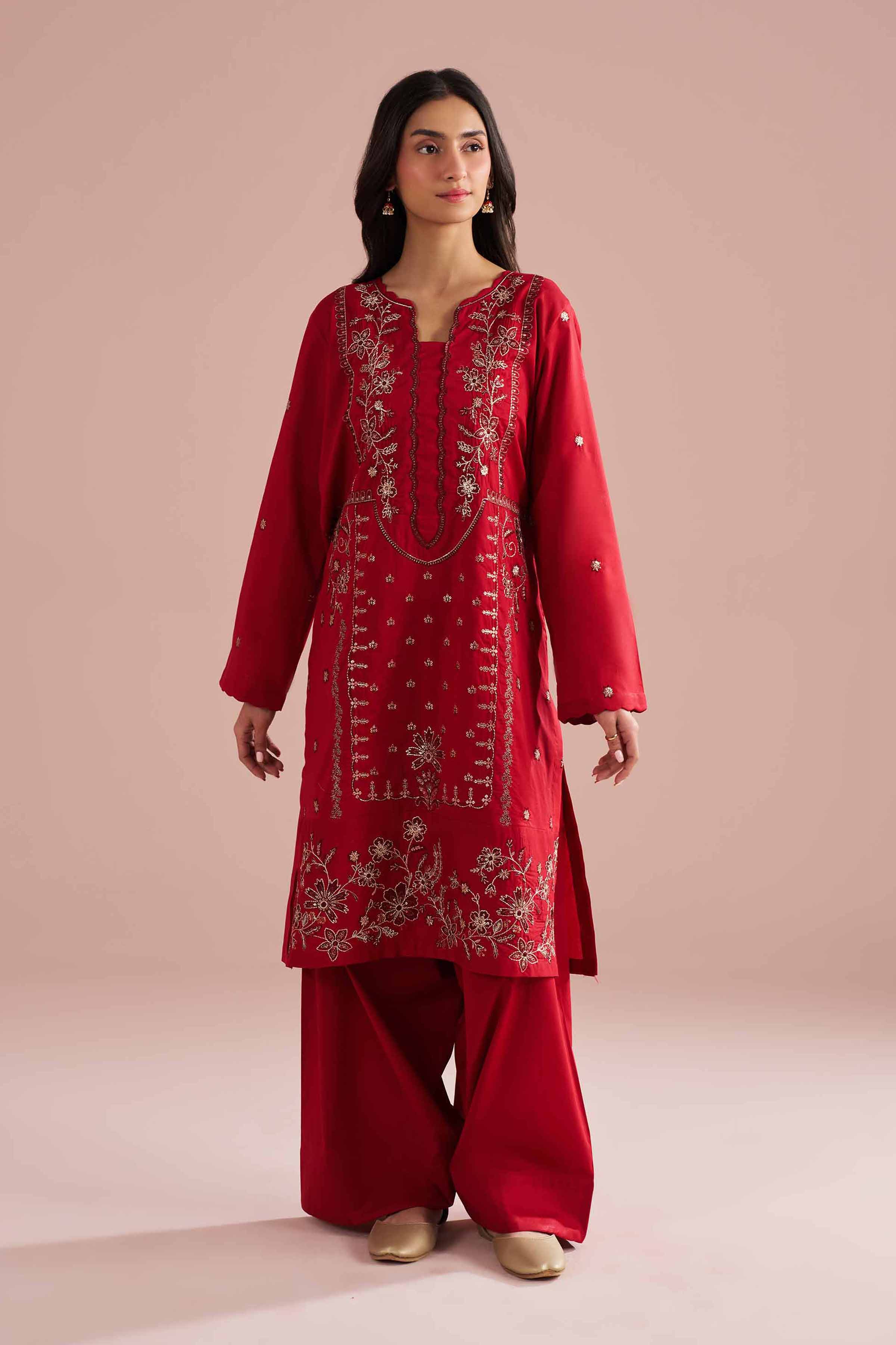 2 Piece - Embroidered Suit - PE26-237 Red Cambric 2PC Embroidered READY TO WEAR