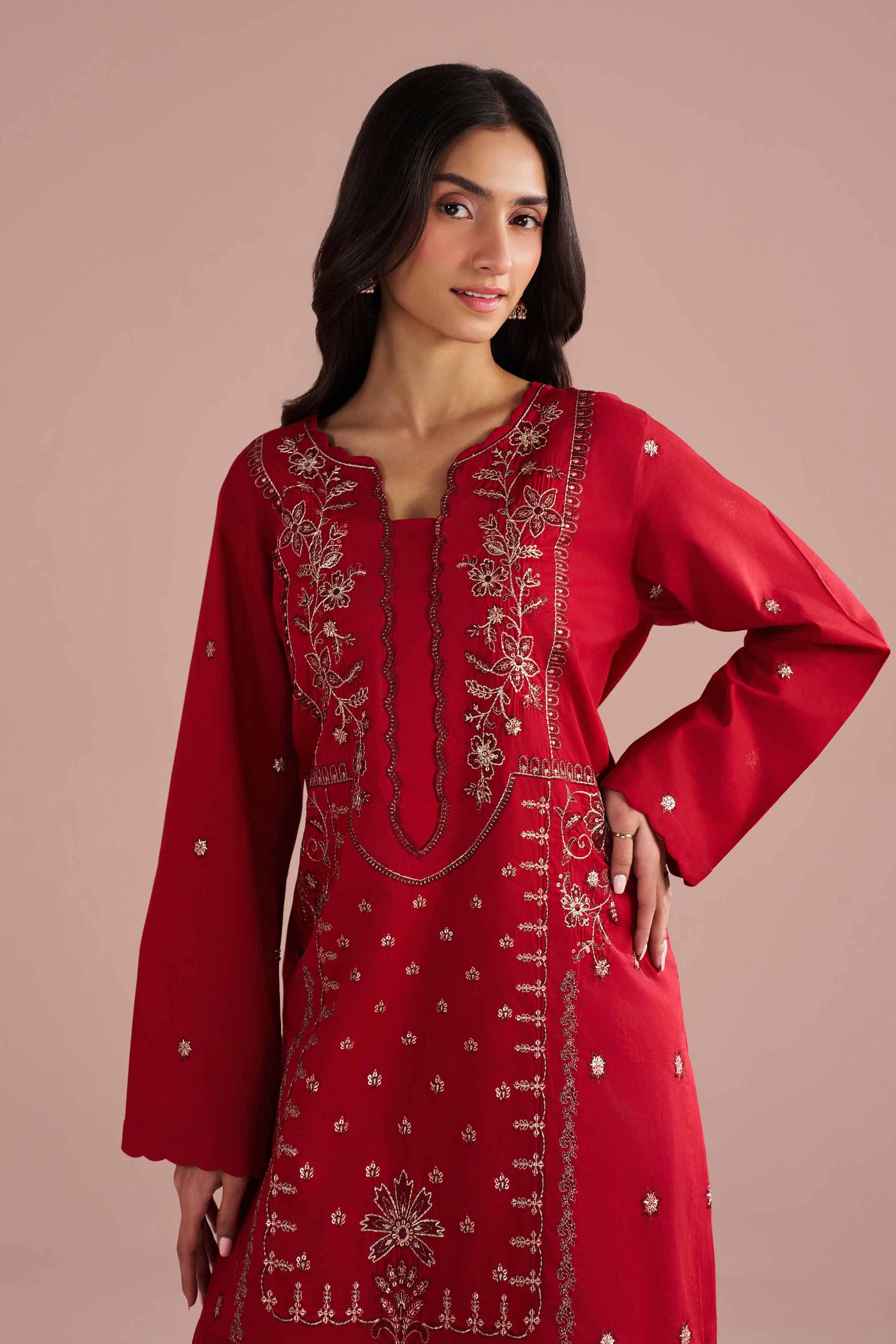 2 Piece - Embroidered Suit - PE26-237 Red Cambric 2PC Embroidered READY TO WEAR