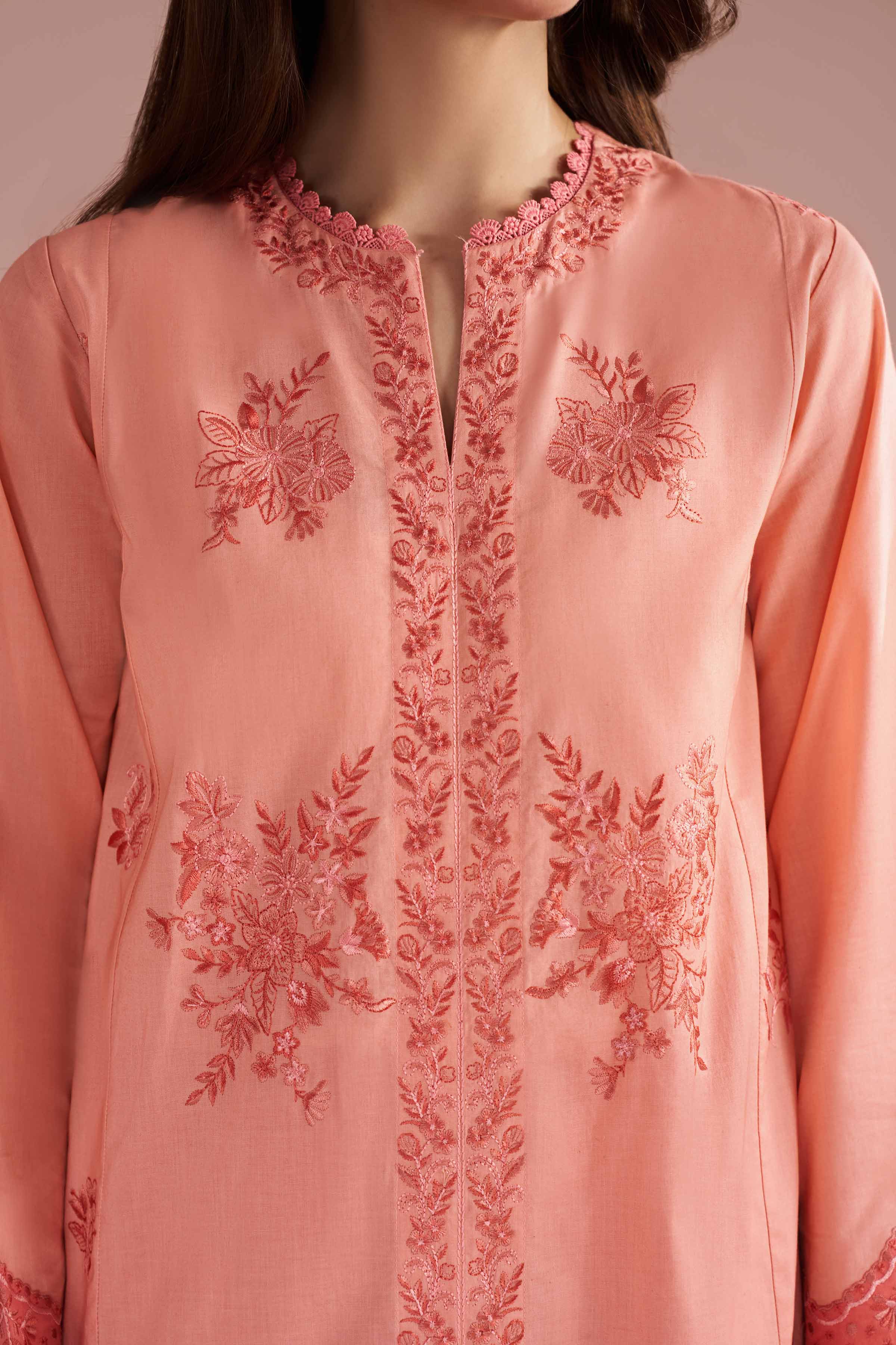 2 Piece - Embroidered Suit - PE26-240 Peach Cambric 2PC Embroidered