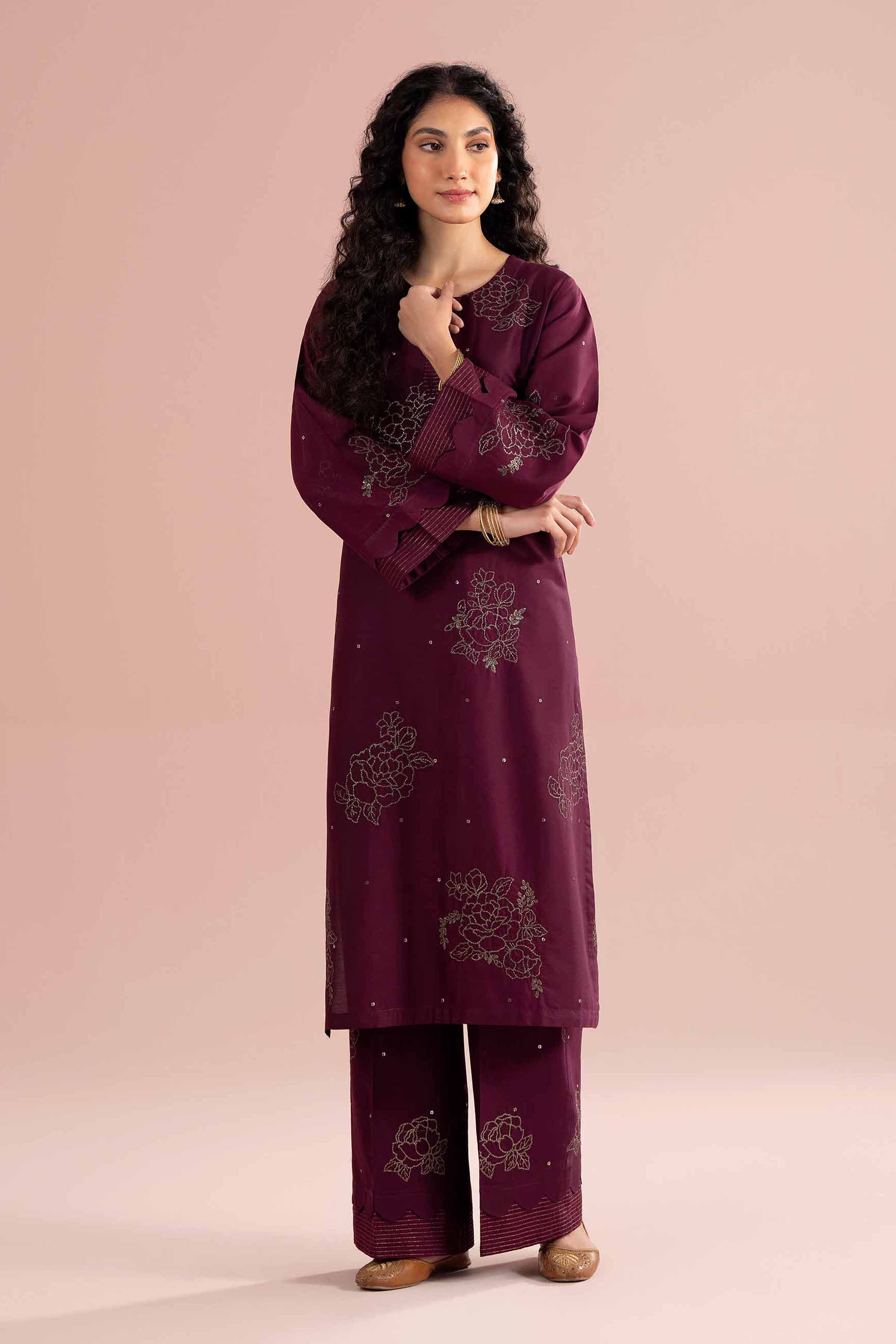 2 Piece - Embroidered Suit - PE26-245 Purple Cotton 2PC Embroidered READY TO WEAR
