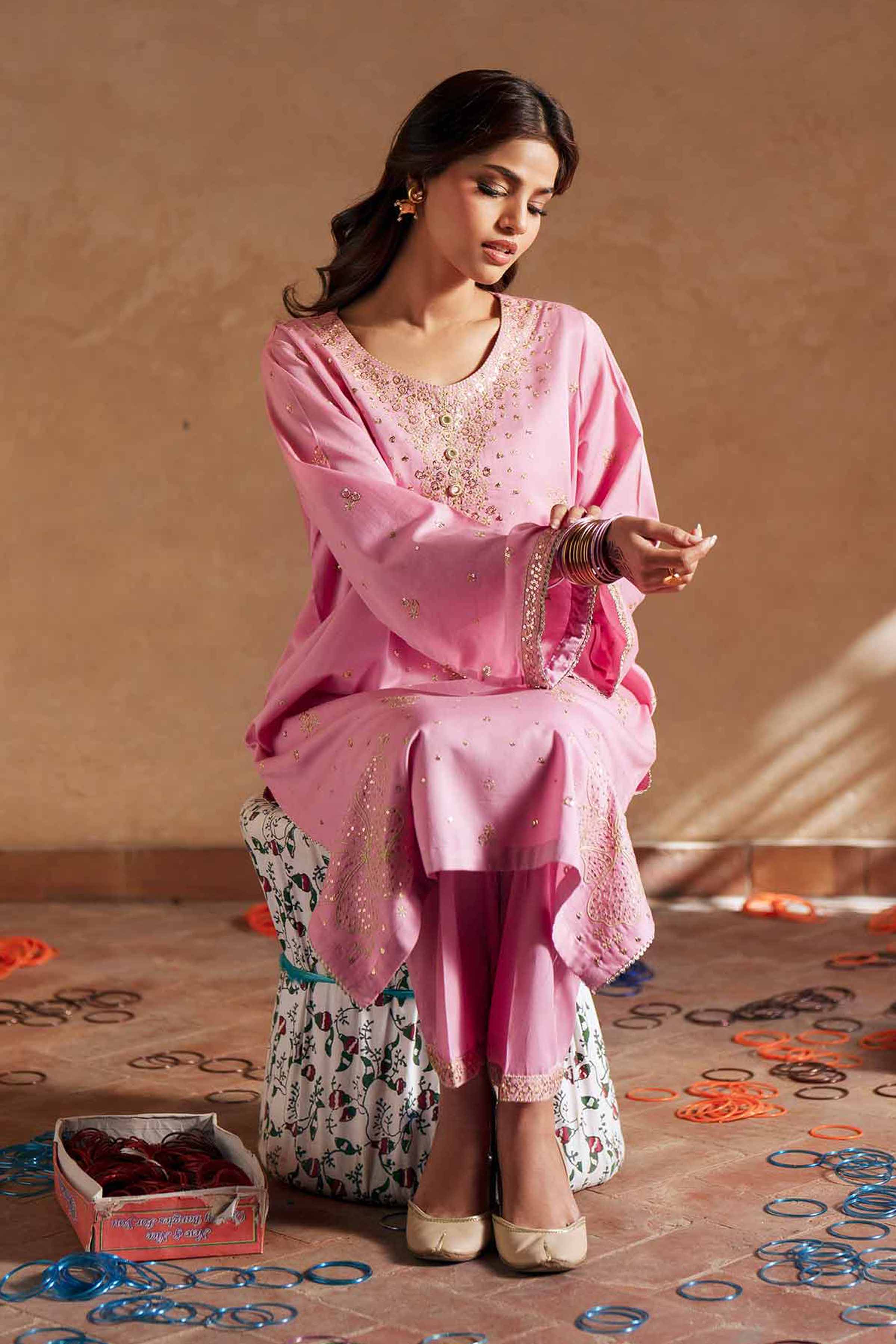 2 Piece - Embroidered Suit - PE26-248 Pink Cotton 2PC Embroidered READY TO WEAR