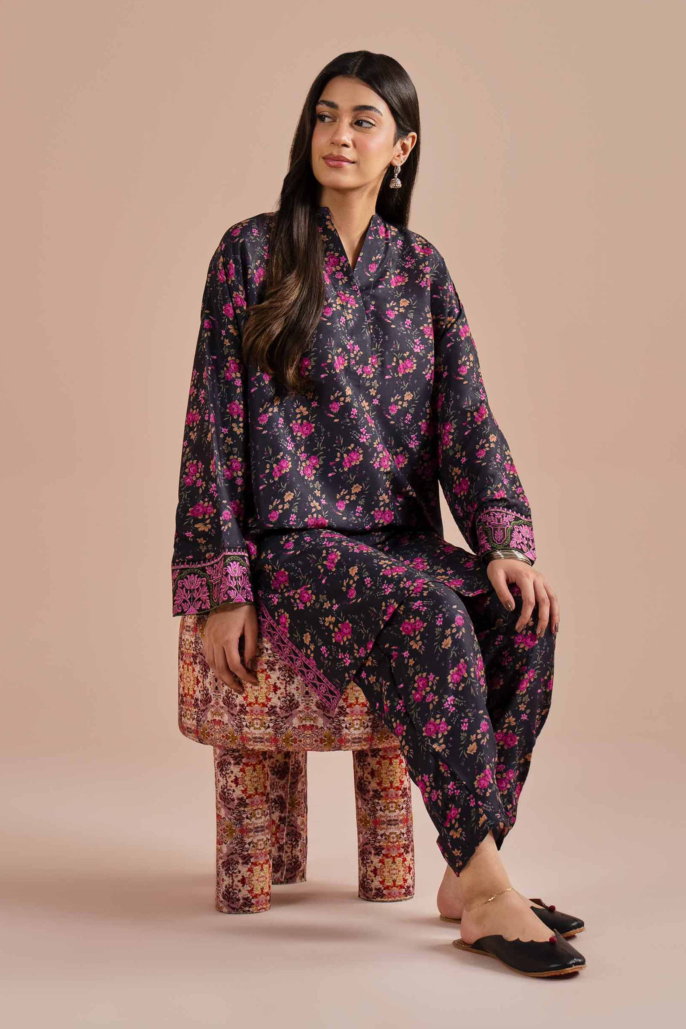 2 Piece - Printed Embroidered Suit - PE26-27 NishatUAE Black Lawn 2PC Embroidered Ready To Wear