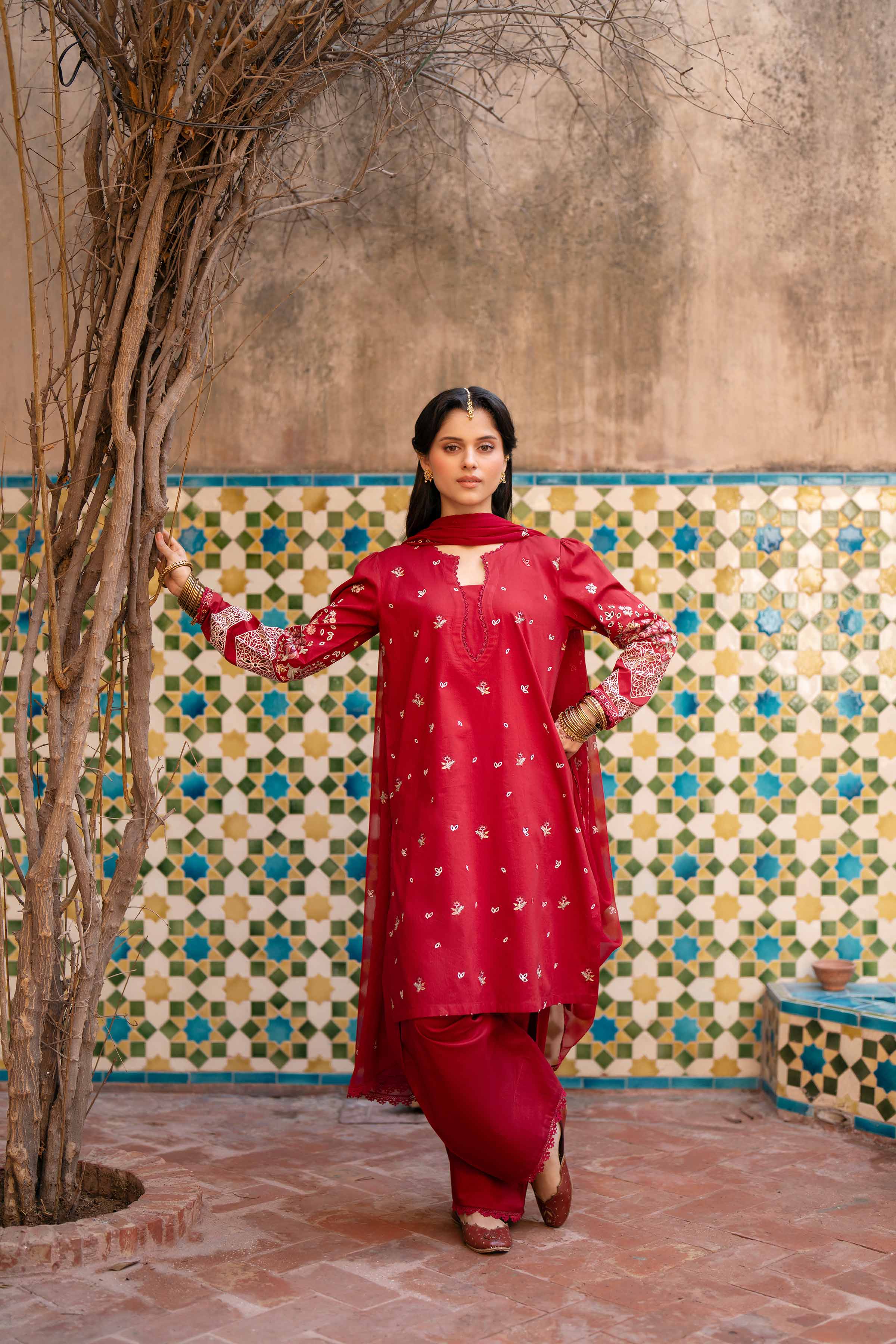 3 Piece - Embroidered Suit - PE26-293 Red Cambric 3PC Embroidered READY TO WEAR