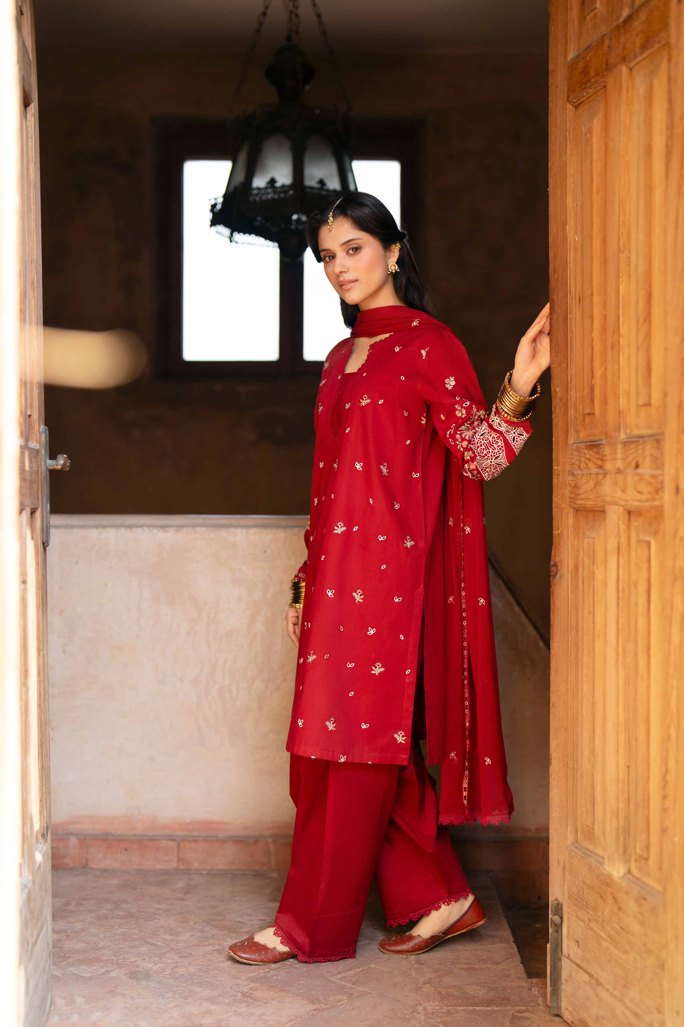 3 Piece - Embroidered Suit - PE26-293 Red Cambric 3PC Embroidered READY TO WEAR
