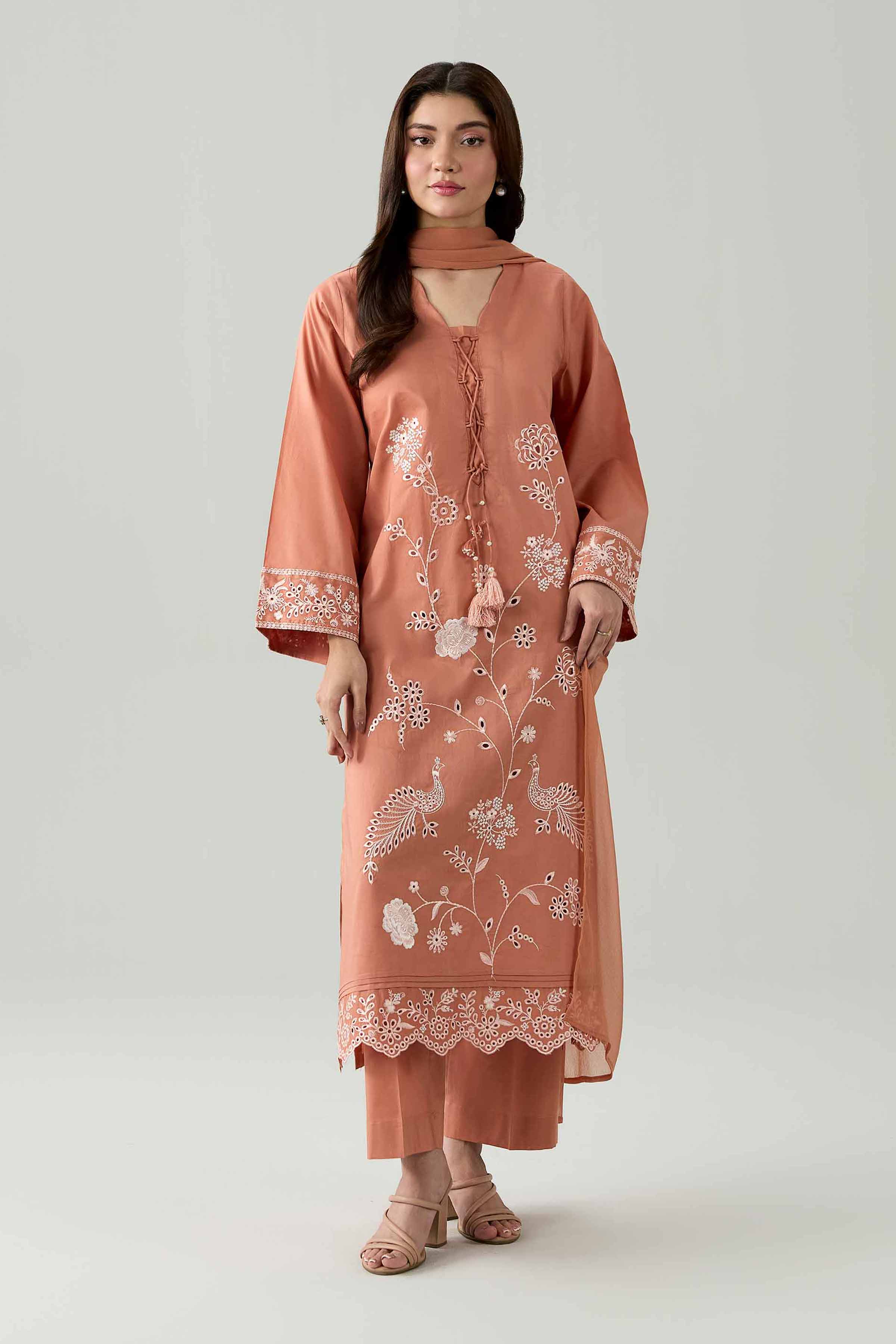 3 Piece - Embroidered Suit - PE26-296 Orange Cambric 3PC Embroidered Ready To Wear