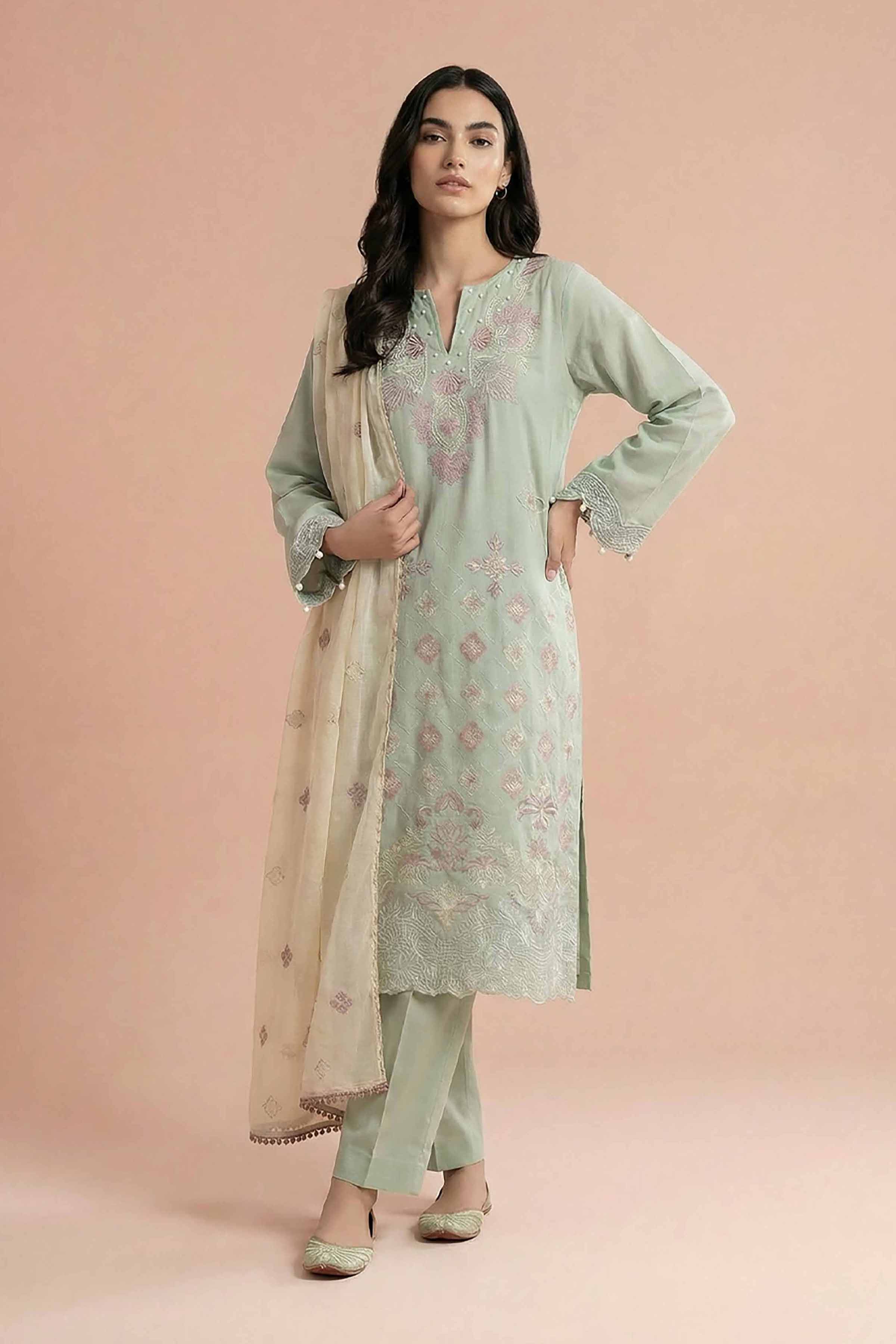 3 Piece - Embroidered Suit - PE26-298 Green Cambric 3PC Embroidered