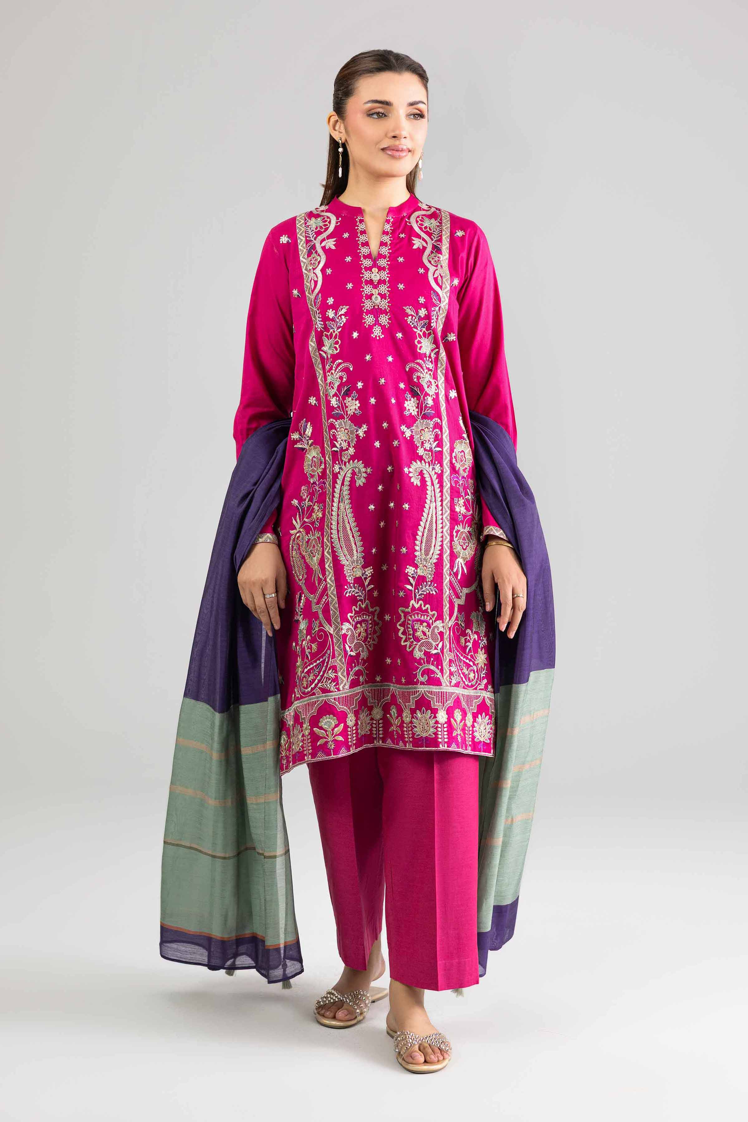 3 Piece - Embroidered Suit - PE26-308 Pink Yarn Dyed  Embroidered 