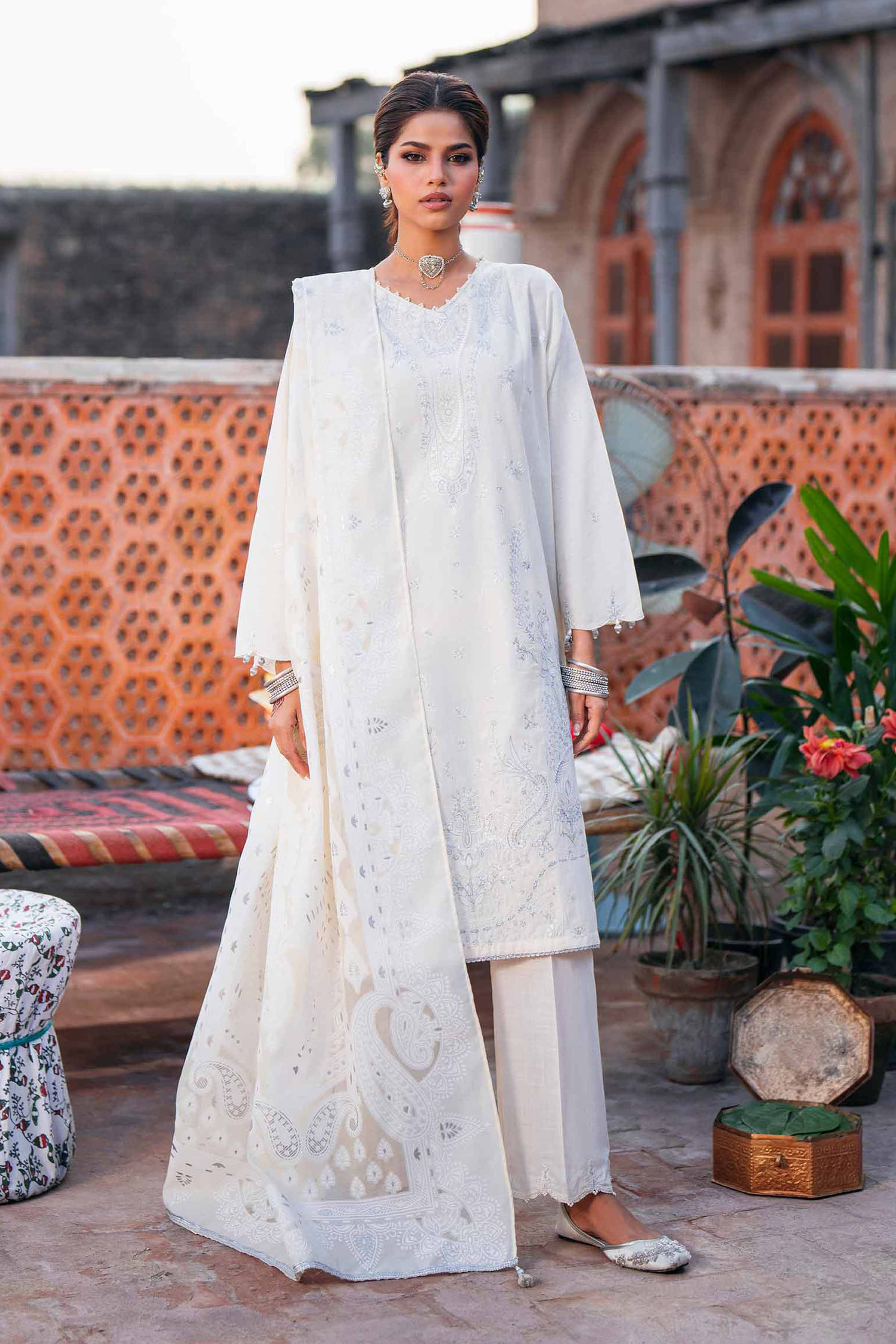 3 Piece - Embroidered Suit - PE26-313 Off White Cross Hatch 3PC Embroidered READY TO WEAR