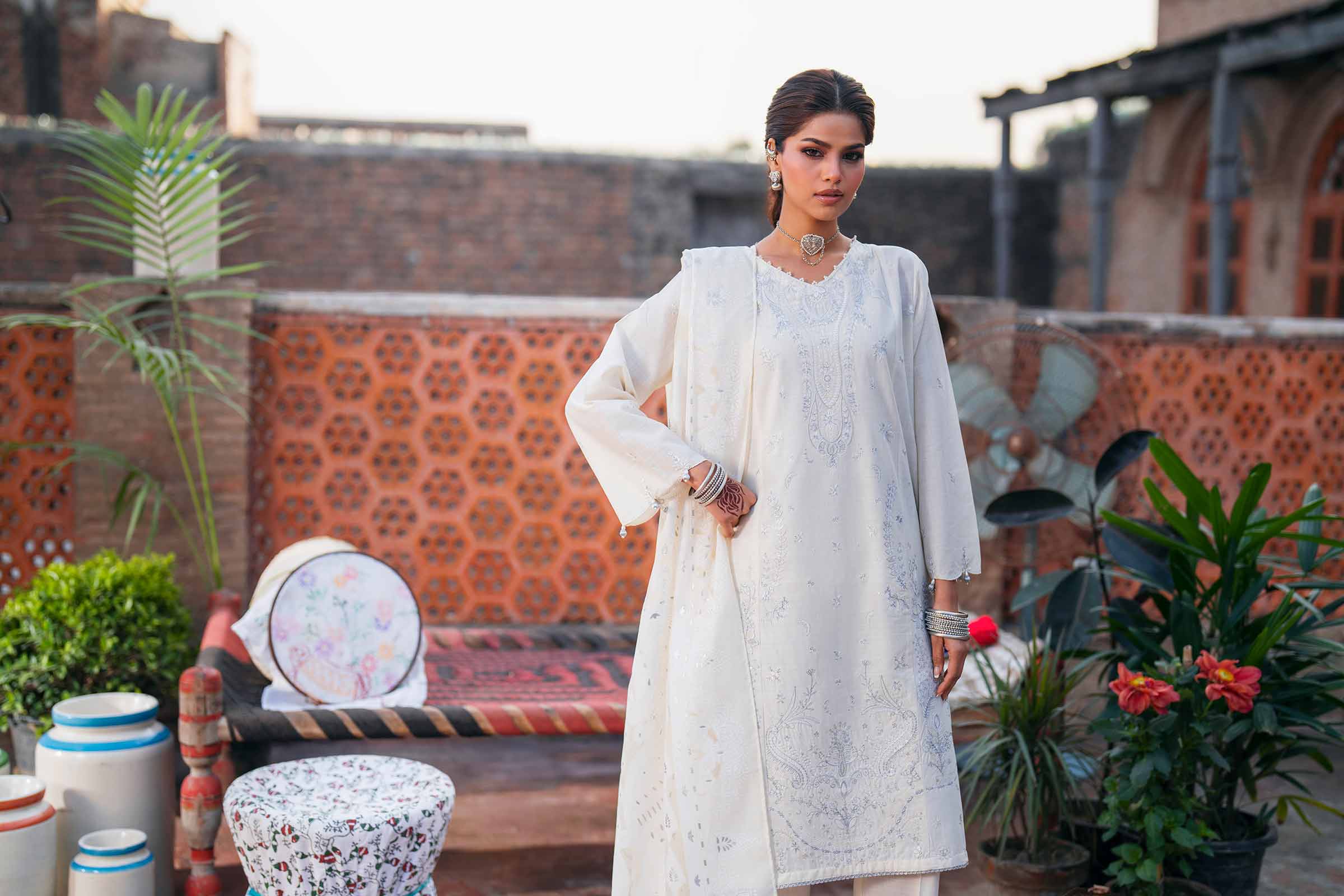 3 Piece - Embroidered Suit - PE26-313 Off White Cross Hatch 3PC Embroidered READY TO WEAR