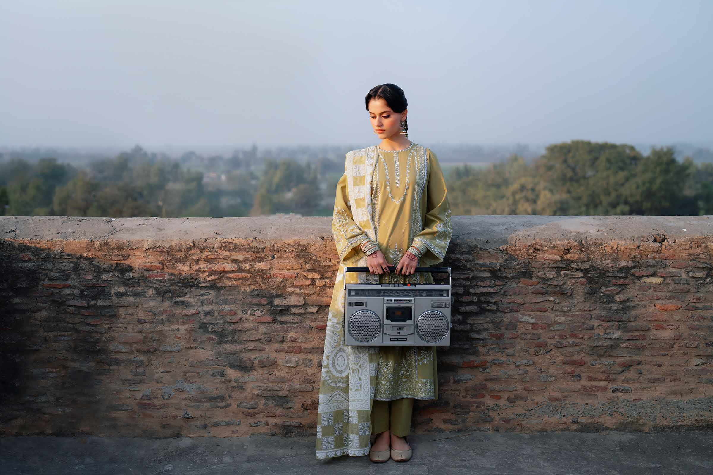 3 Piece - Embroidered Suit - PE26-314 Green Cross Hatch 3PC Embroidered READY TO WEAR