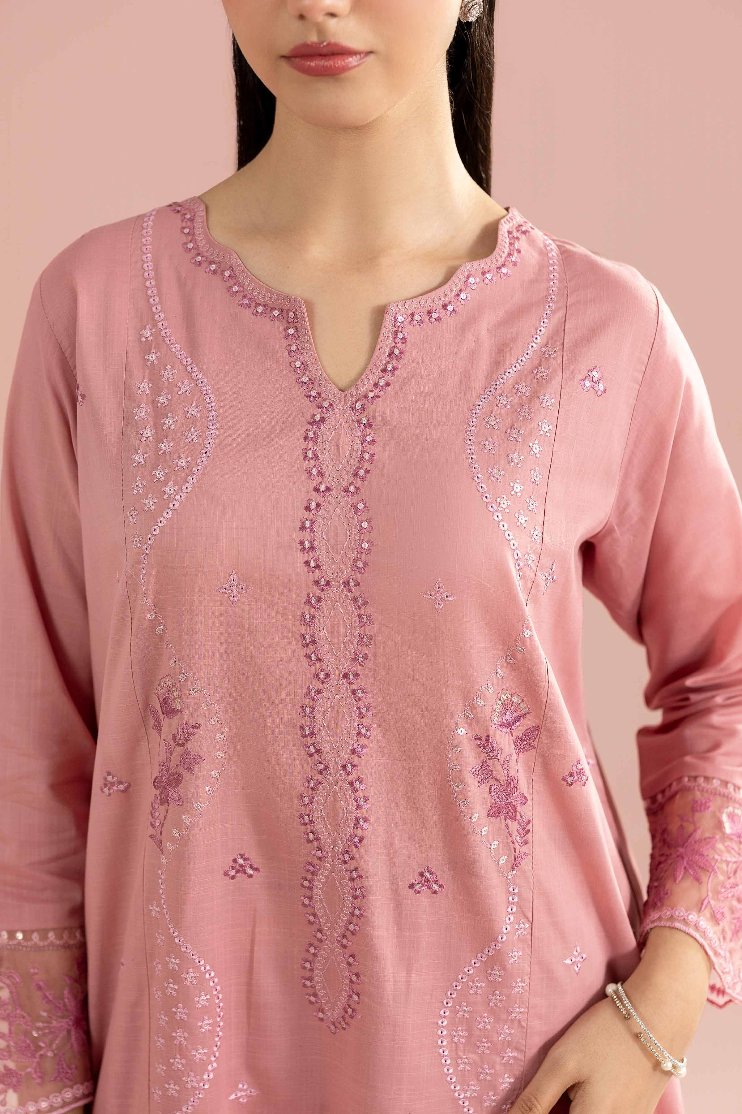 3 Piece - Embroidered Suit - PE26-315 Pink Cross Hatch 3PC Embroidered READY TO WEAR