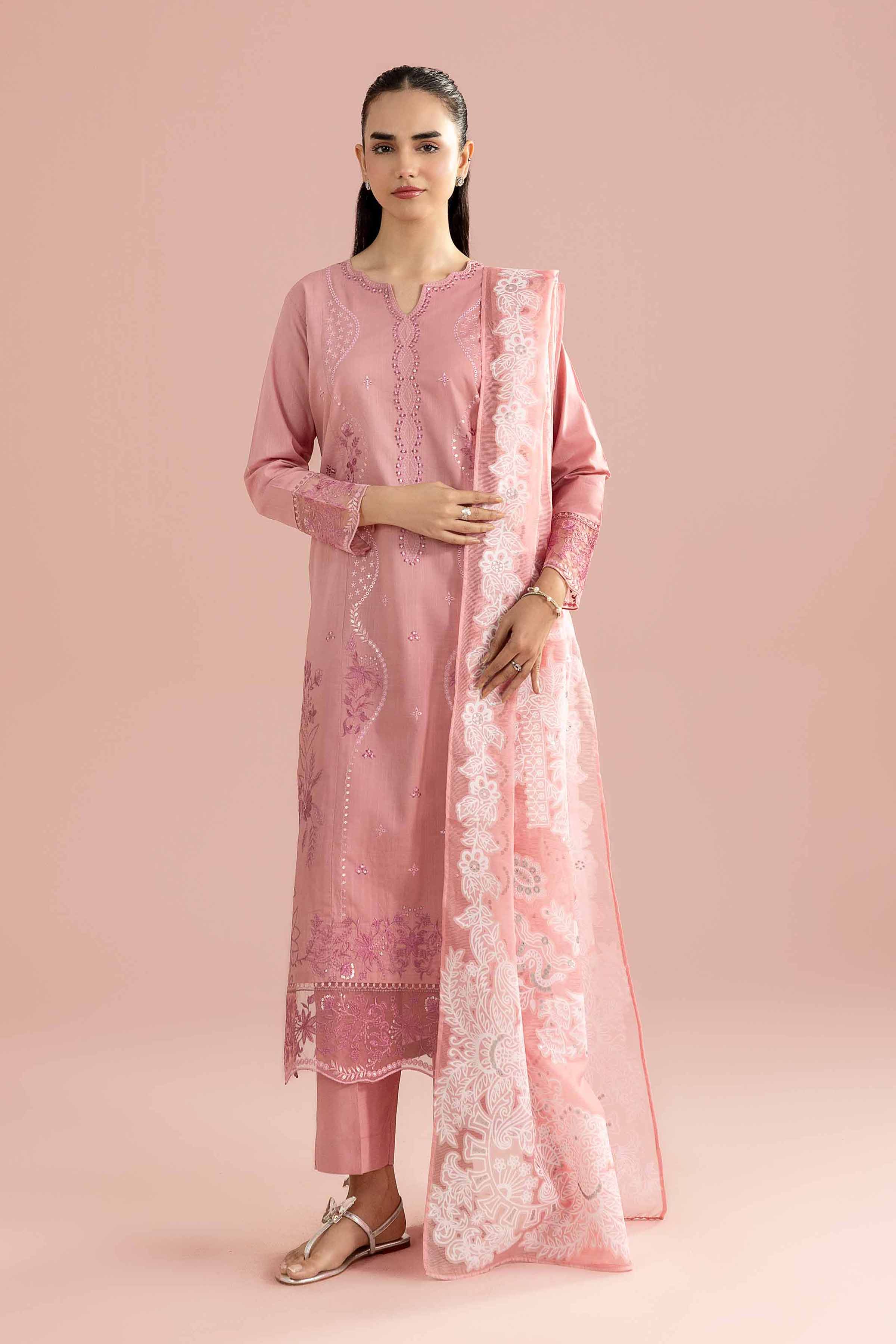 3 Piece - Embroidered Suit - PE26-315 Pink Cross Hatch 3PC Embroidered READY TO WEAR
