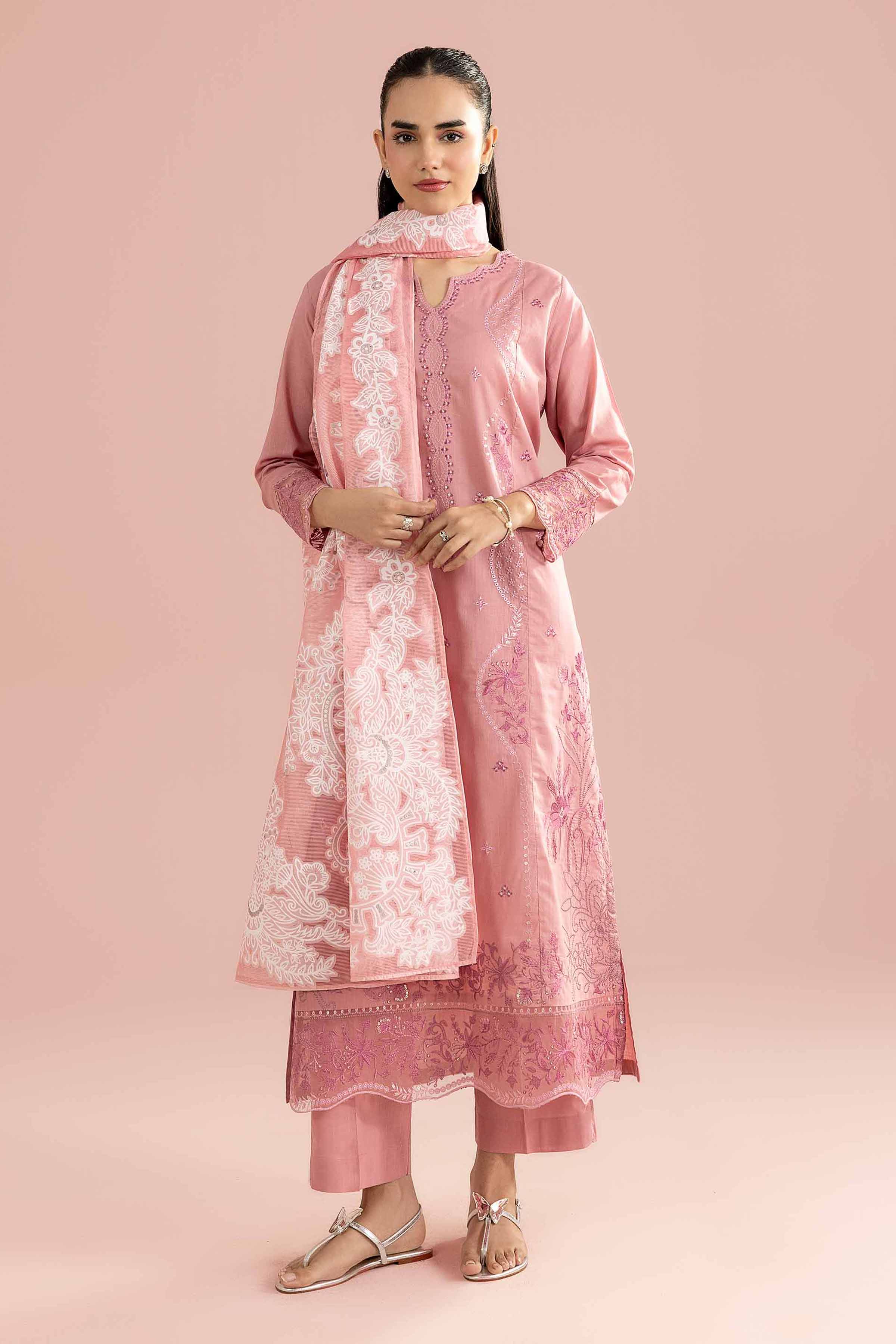 3 Piece - Embroidered Suit - PE26-315 Pink Cross Hatch 3PC Embroidered READY TO WEAR
