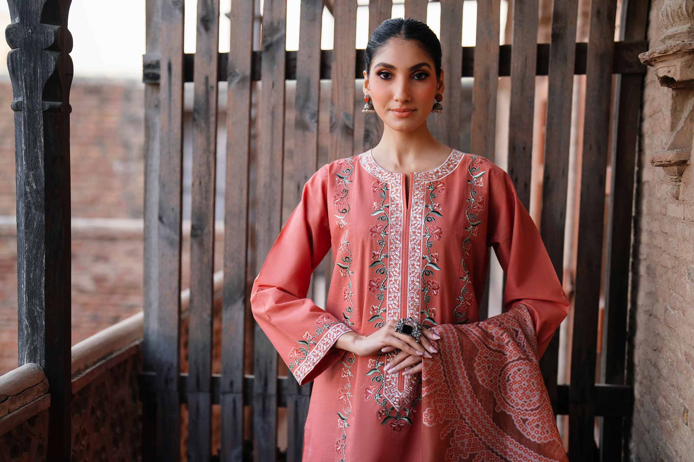 3 Piece - Embroidered Suit - PE26-317 Orange Cross Hatch 3PC Embroidered