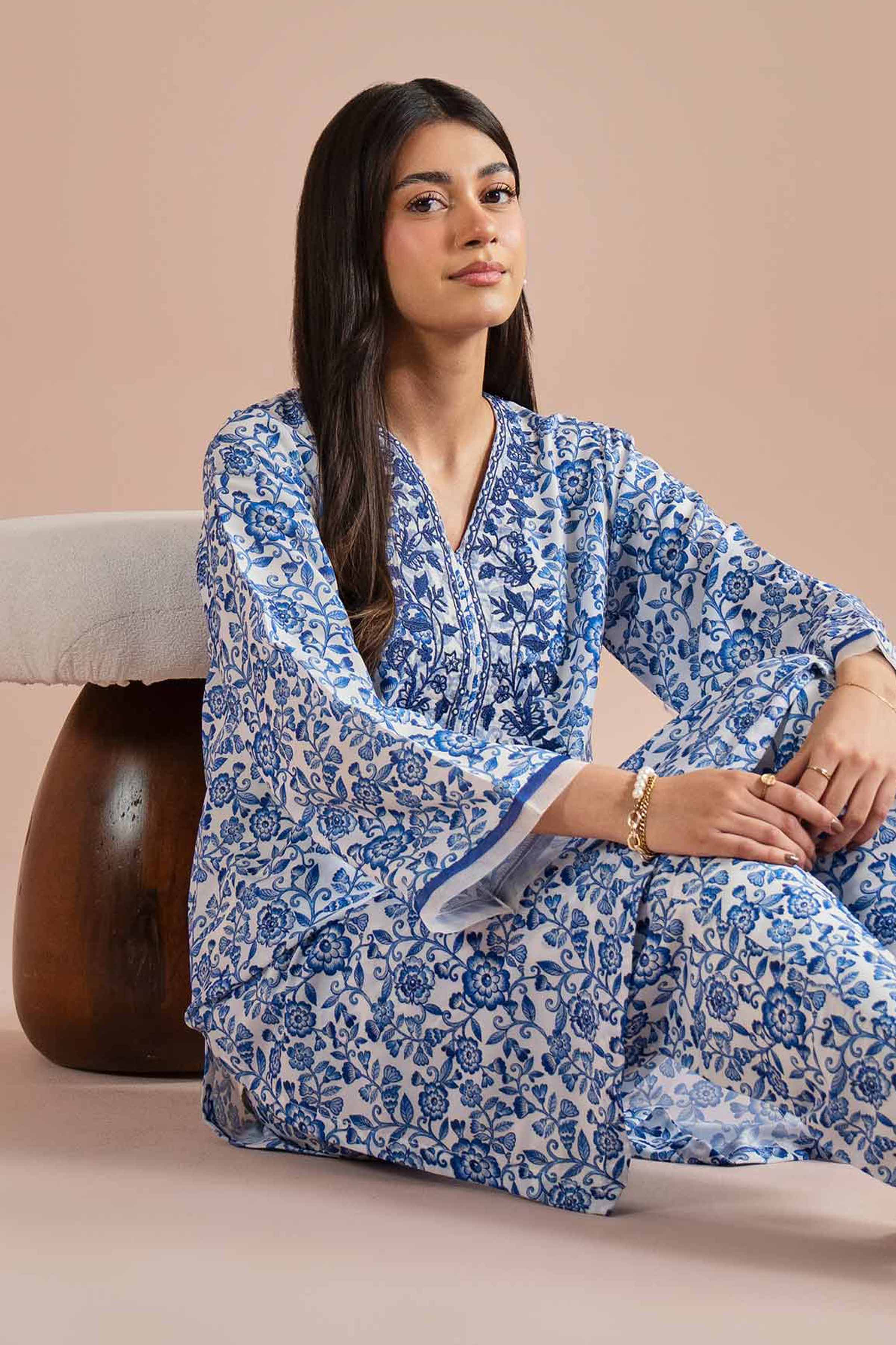 2 Piece - Printed Embroidered Suit - PE26-32 NishatUAE Blue Lawn 2PC Embroidered Ready To Wear