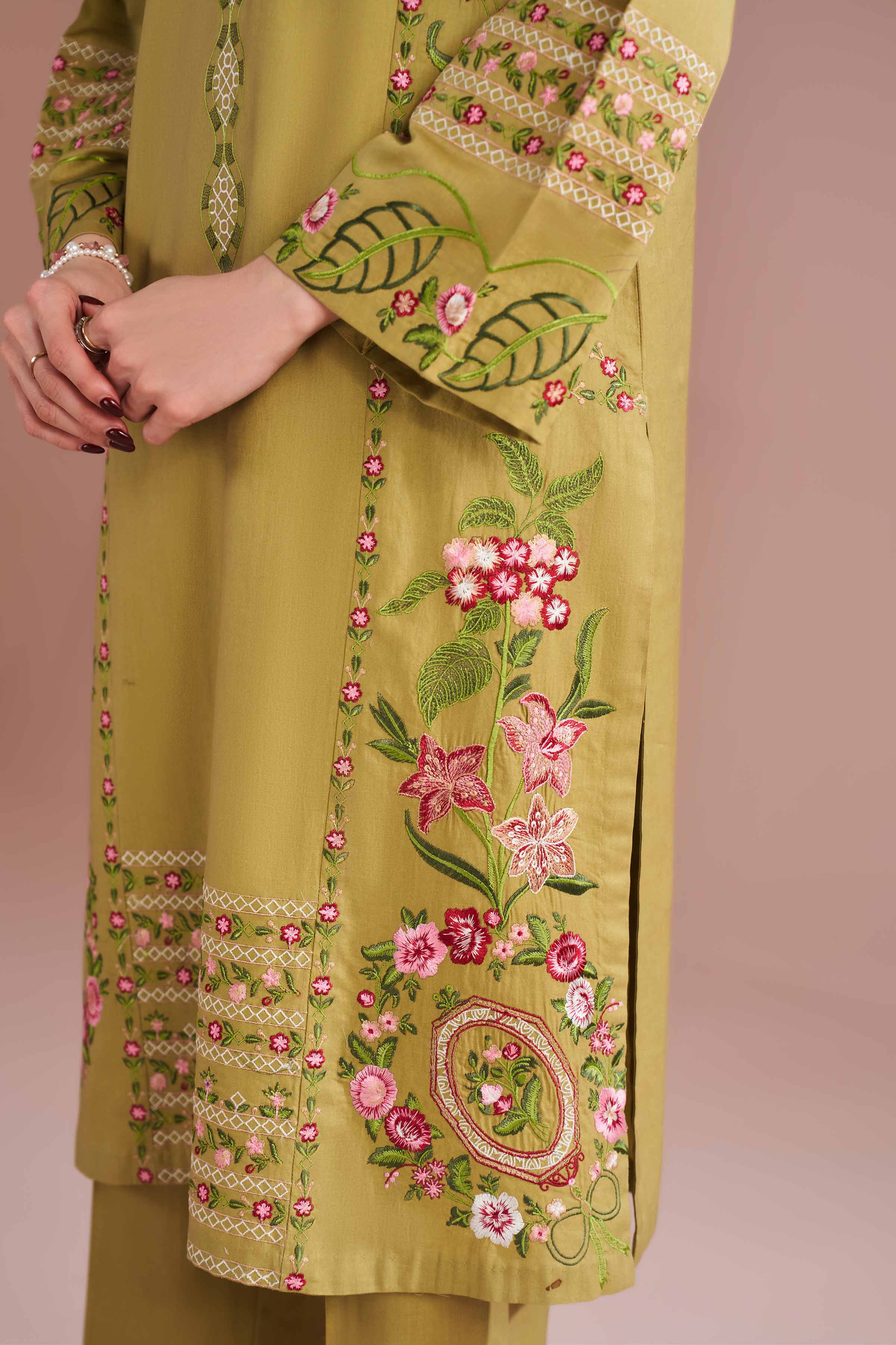 3 Piece - Embroidered Suit - PE26-321 Green Cotton 3PC Embroidered READY TO WEAR