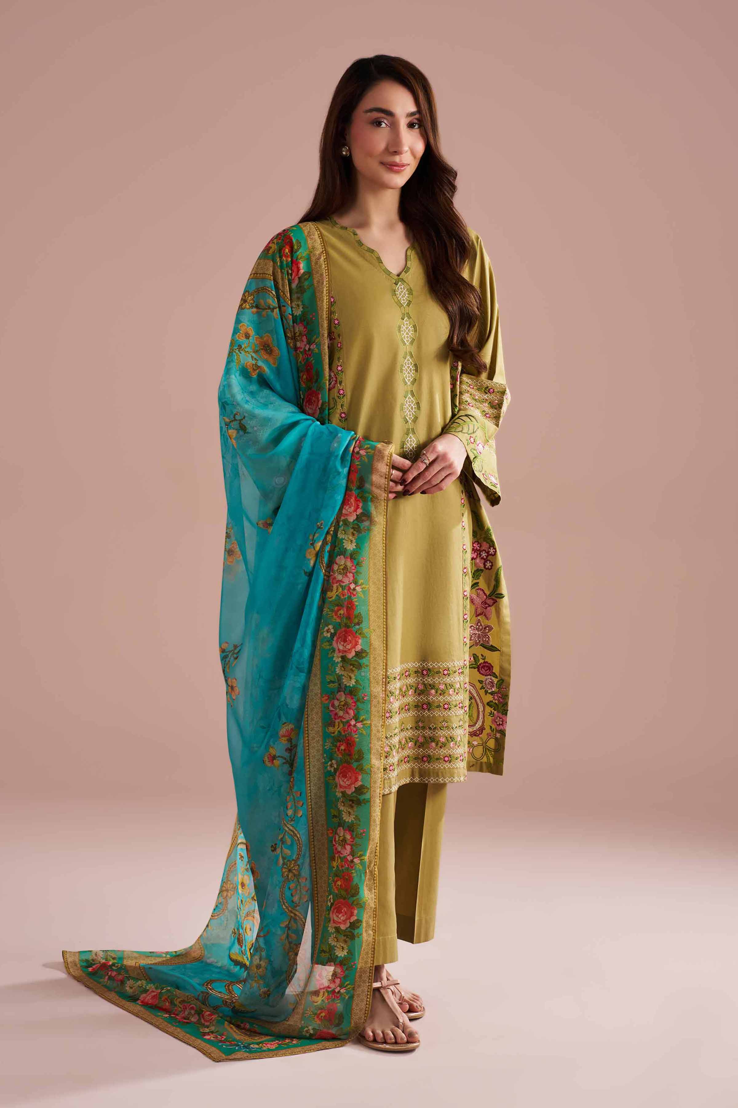 3 Piece - Embroidered Suit - PE26-321 Green Cotton 3PC Embroidered READY TO WEAR
