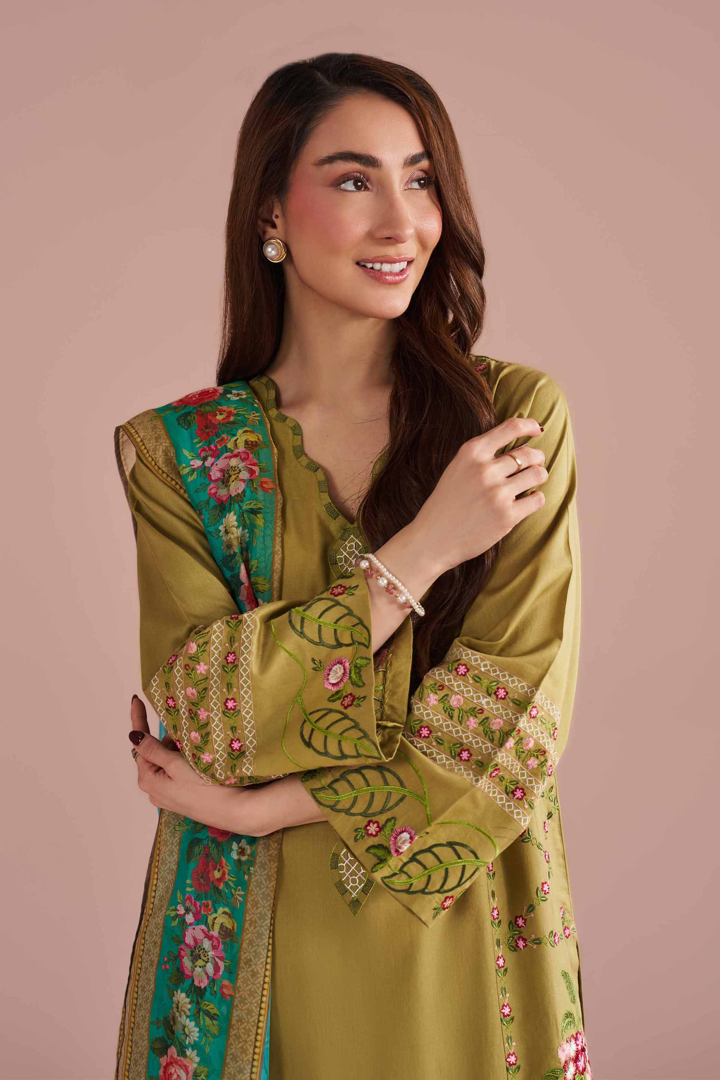 3 Piece - Embroidered Suit - PE26-321 Green Cotton 3PC Embroidered READY TO WEAR