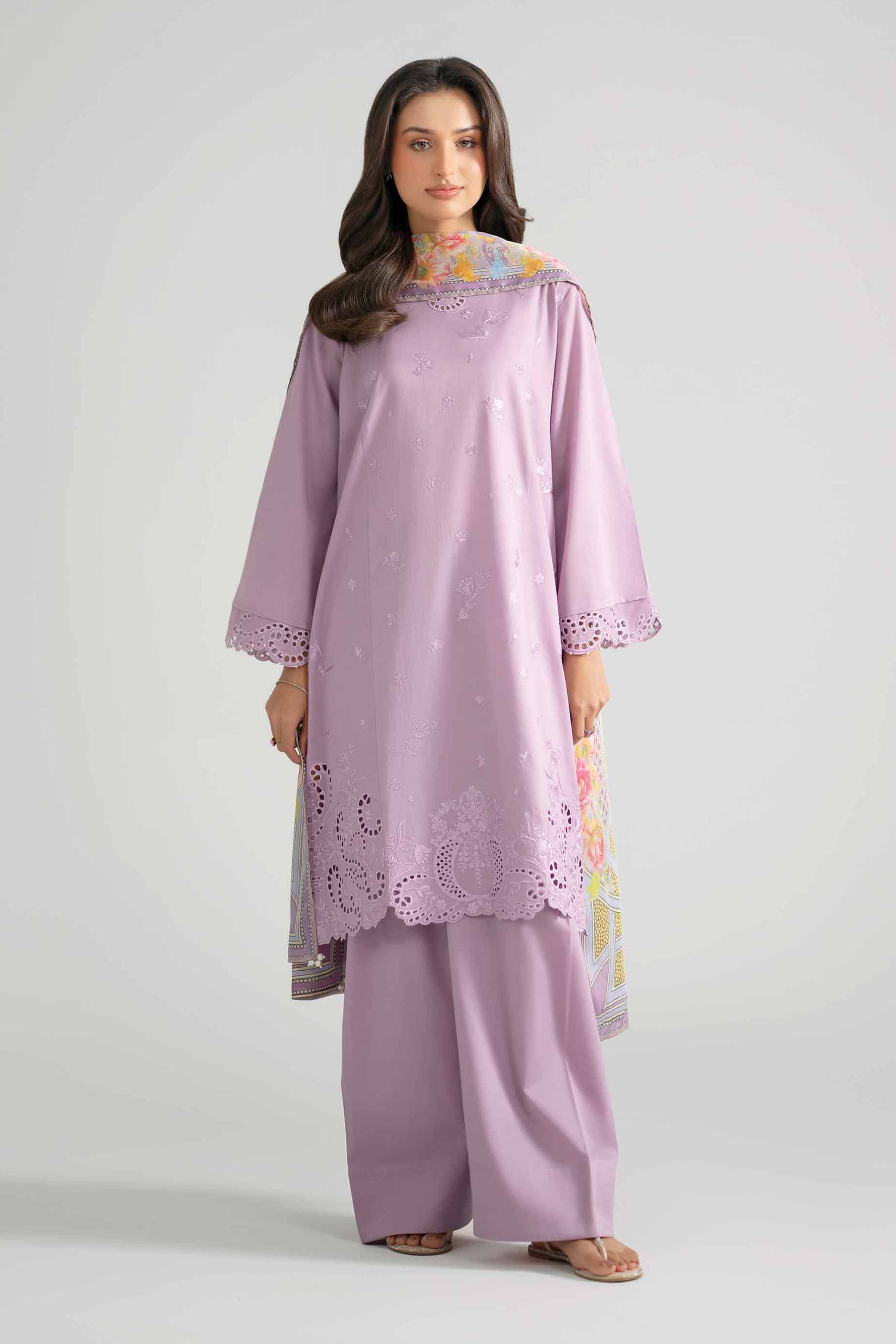 3 Piece - Embroidered Suit - PE26-322 Purple Cotton 3PC Embroidered READY TO WEAR