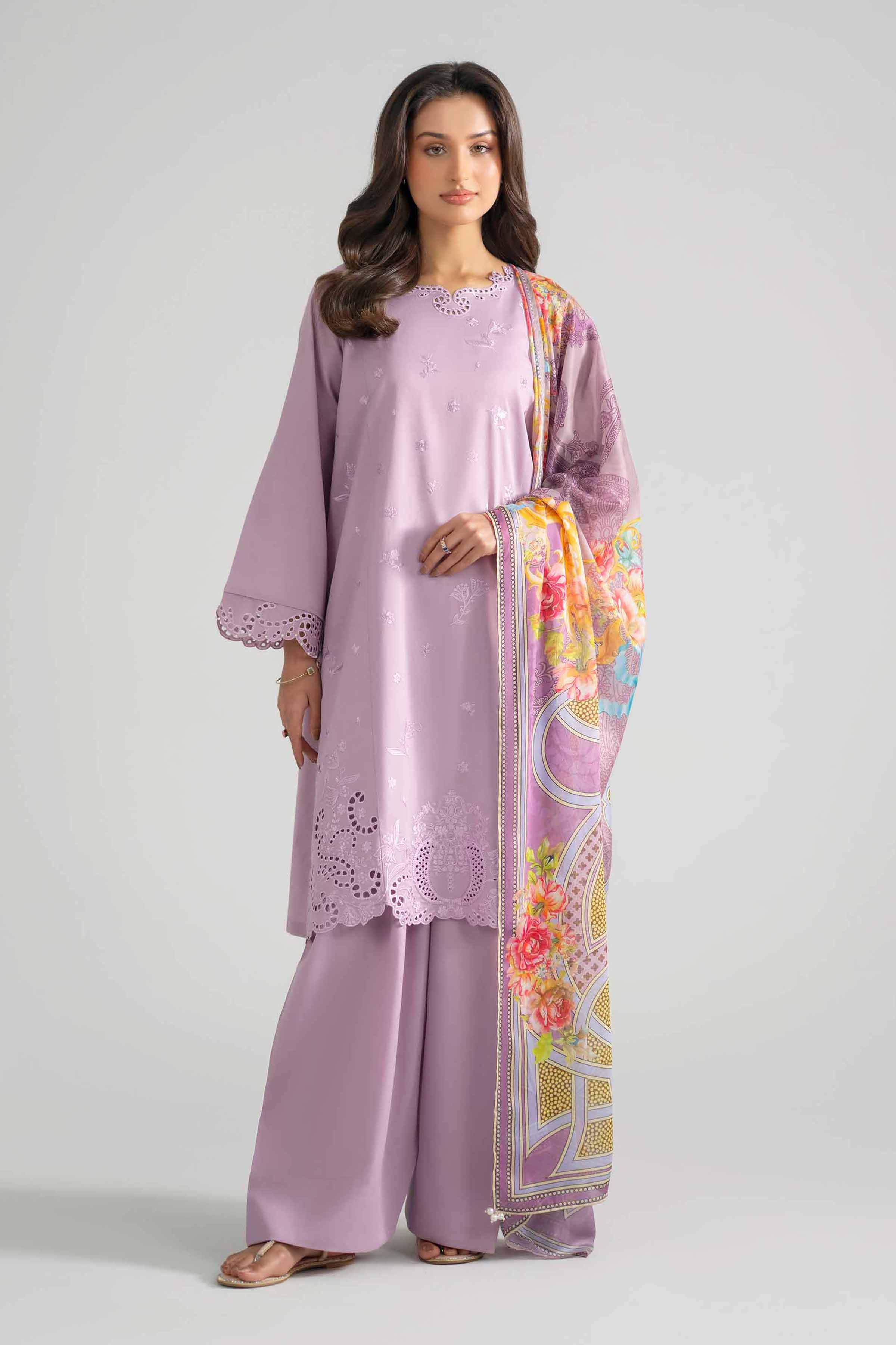 3 Piece - Embroidered Suit - PE26-322 Purple Cotton 3PC Embroidered READY TO WEAR