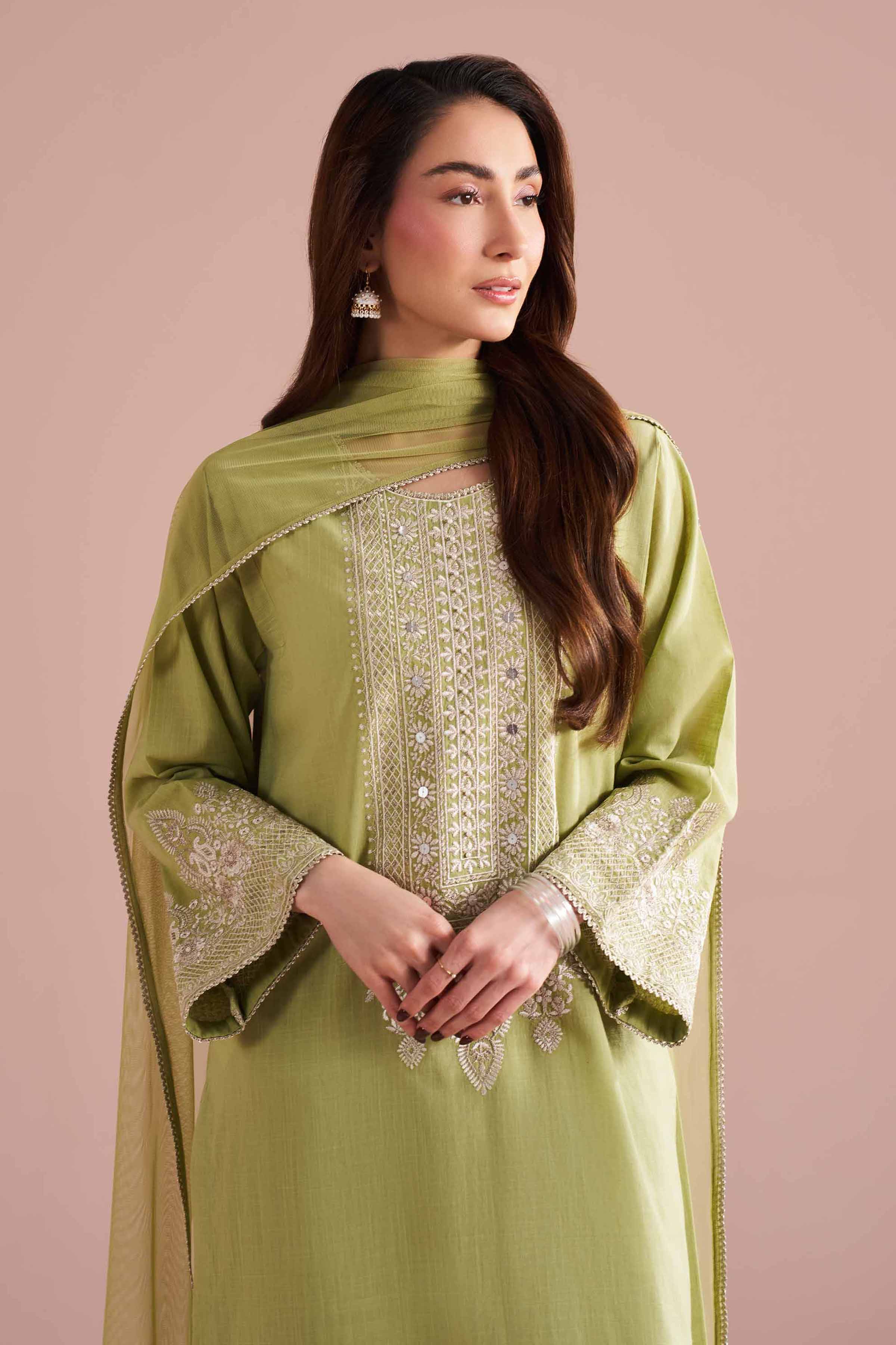 3 Piece - Embroidered Suit - PE26-323 Green Cross Hatch 3PC Embroidered READY TO WEAR
