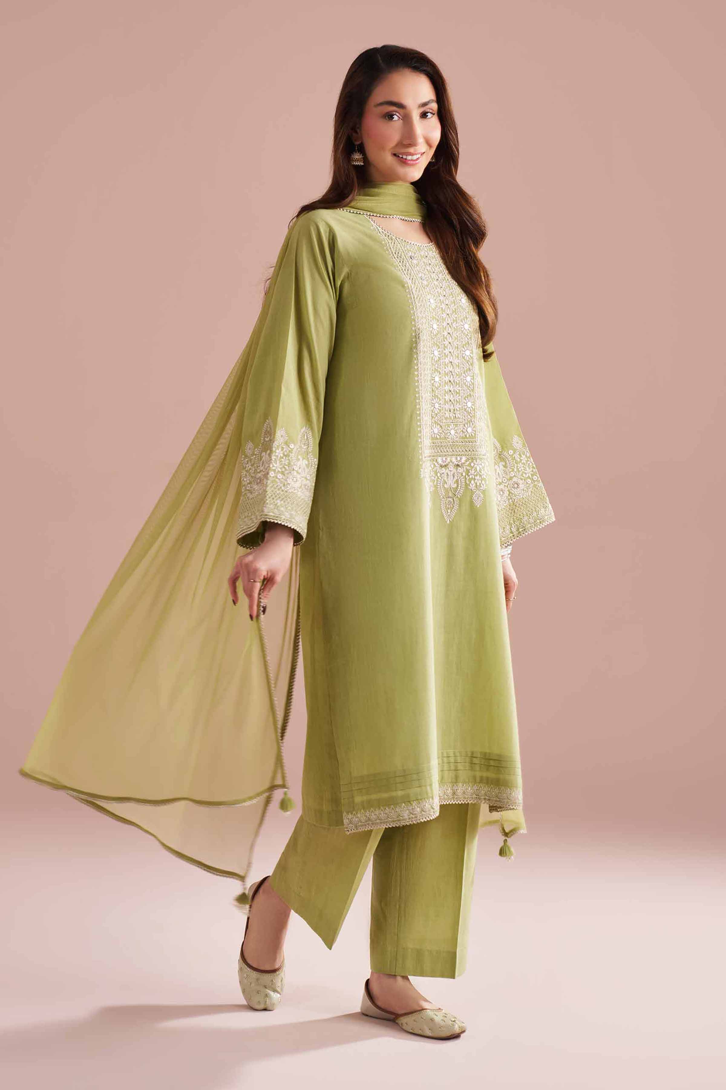 3 Piece - Embroidered Suit - PE26-323 Green Cross Hatch 3PC Embroidered READY TO WEAR