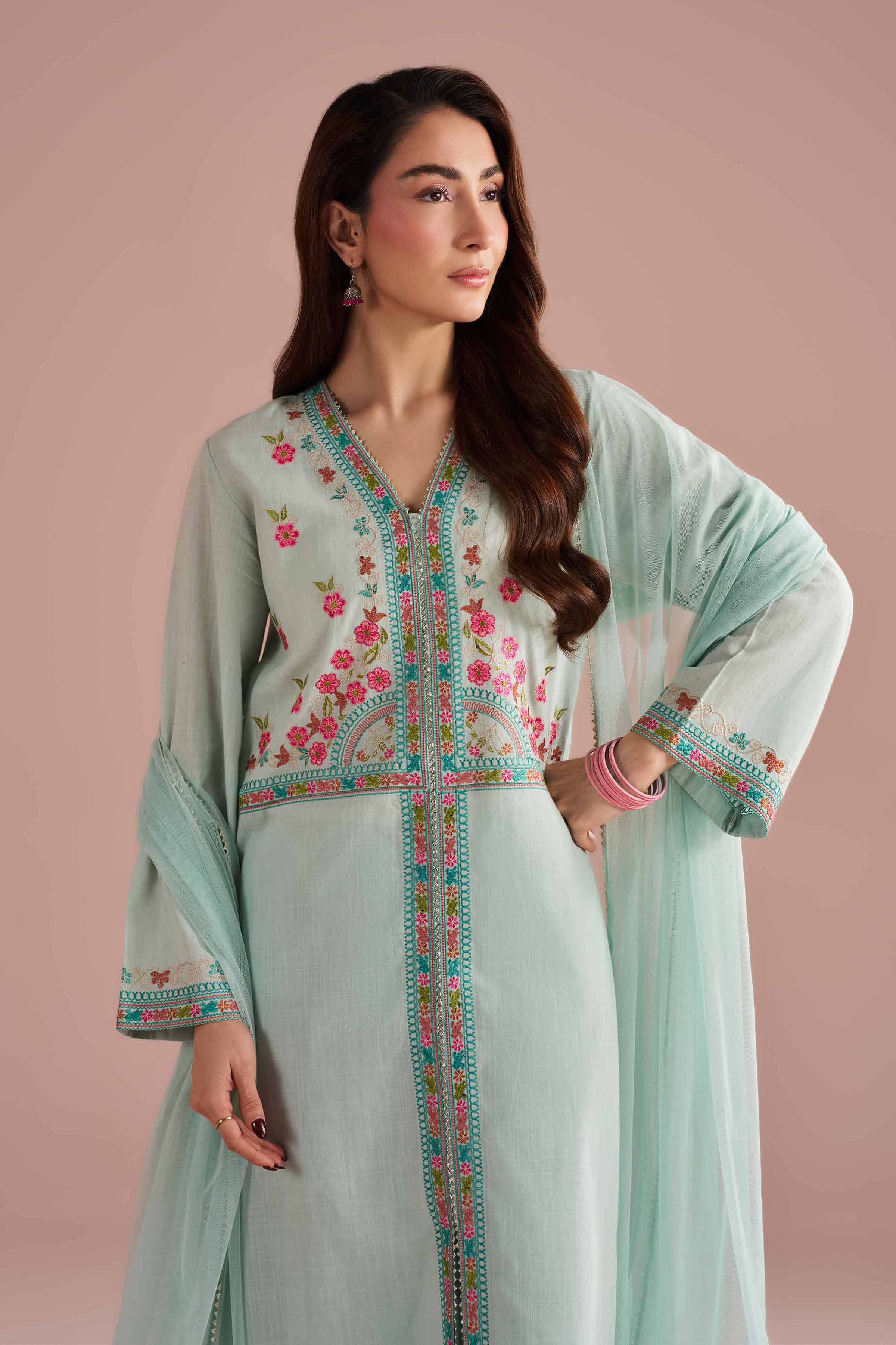 3 Piece - Embroidered Suit - PE26-324 Green Cross Hatch 3PC Embroidered READY TO WEAR