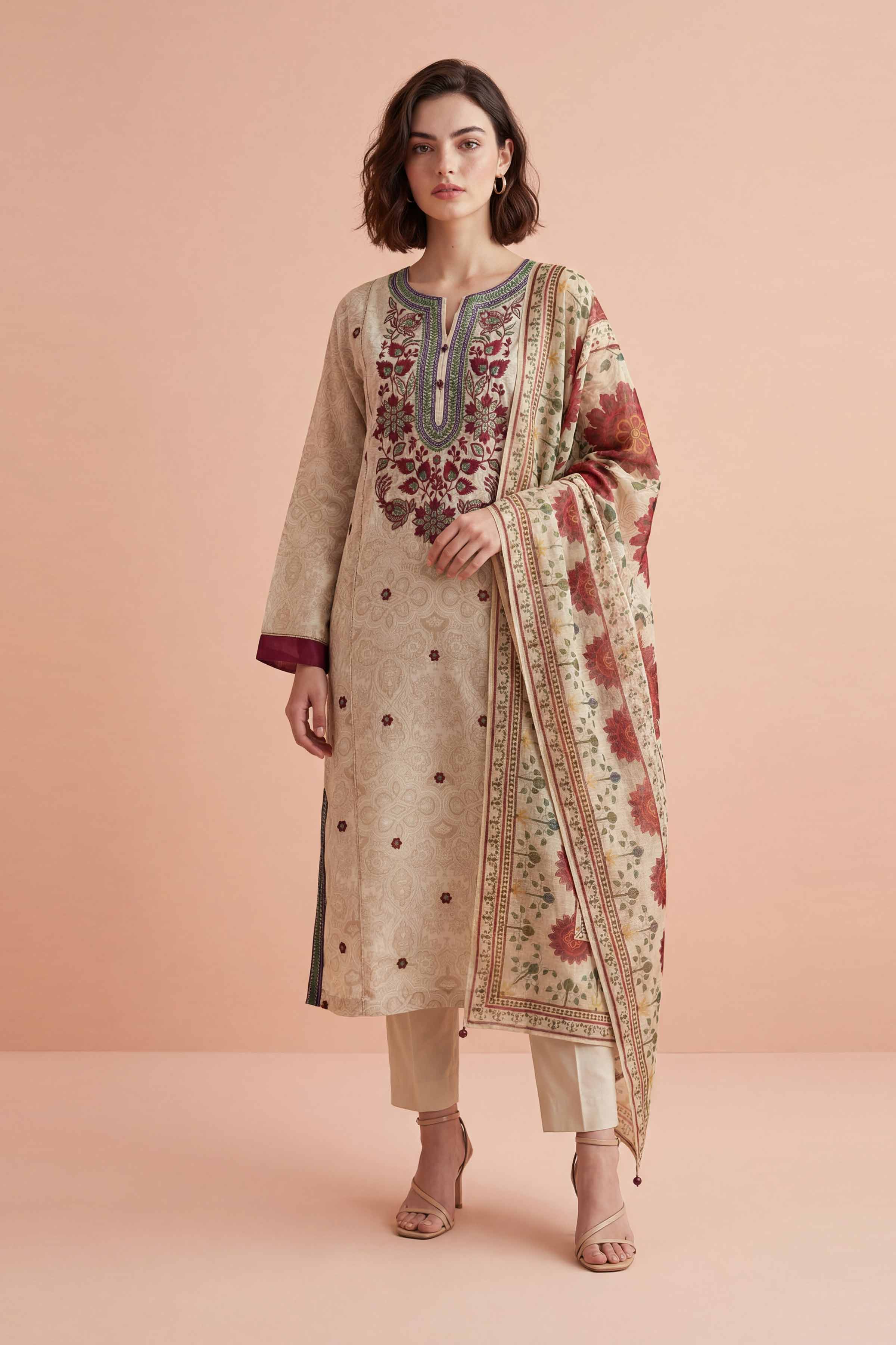 3 Piece - Printed Embroidered Suit - PE26-331