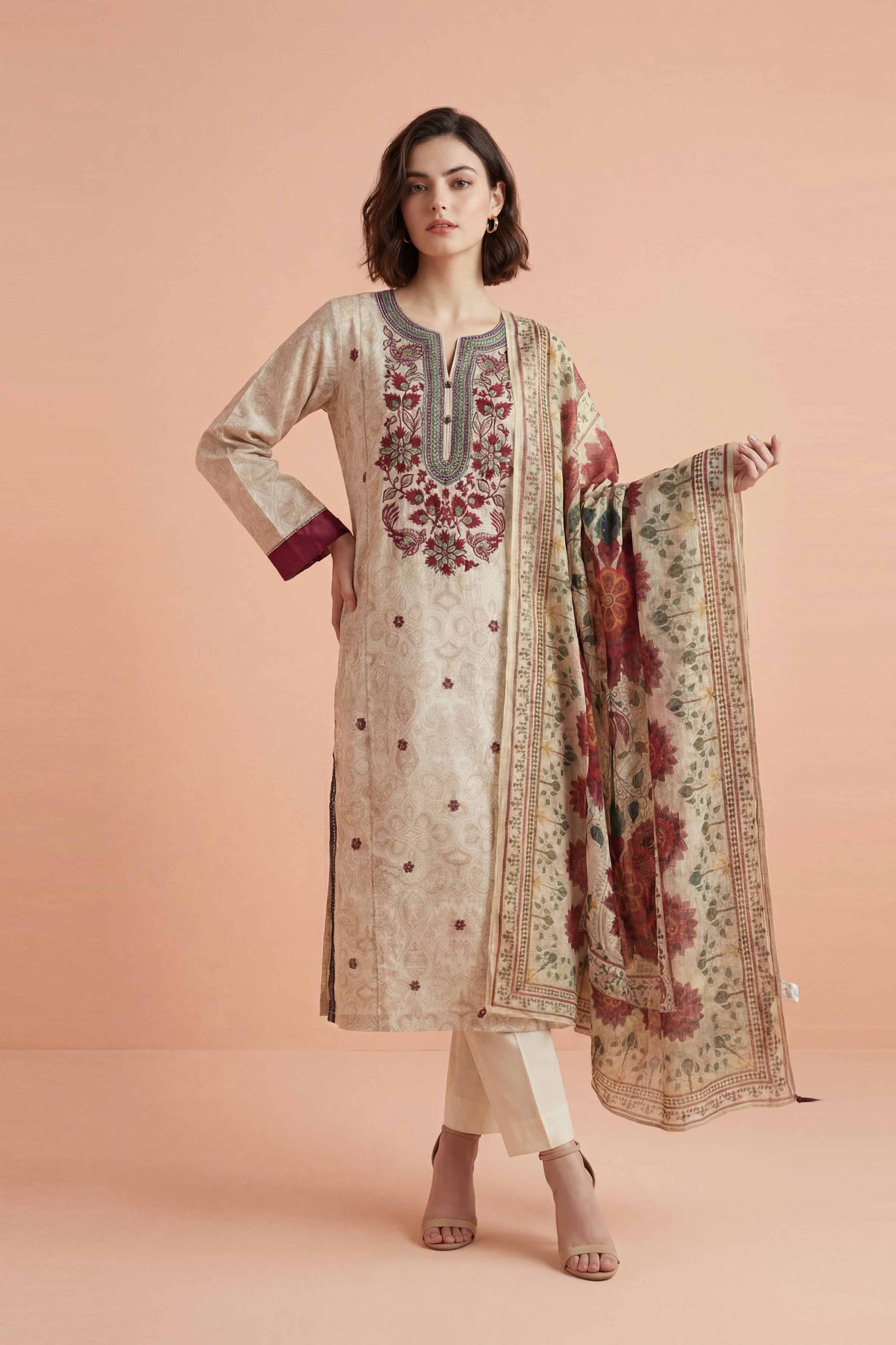 3 Piece - Printed Embroidered Suit - PE26-331 Off White  Lawn 3PC Embroidered