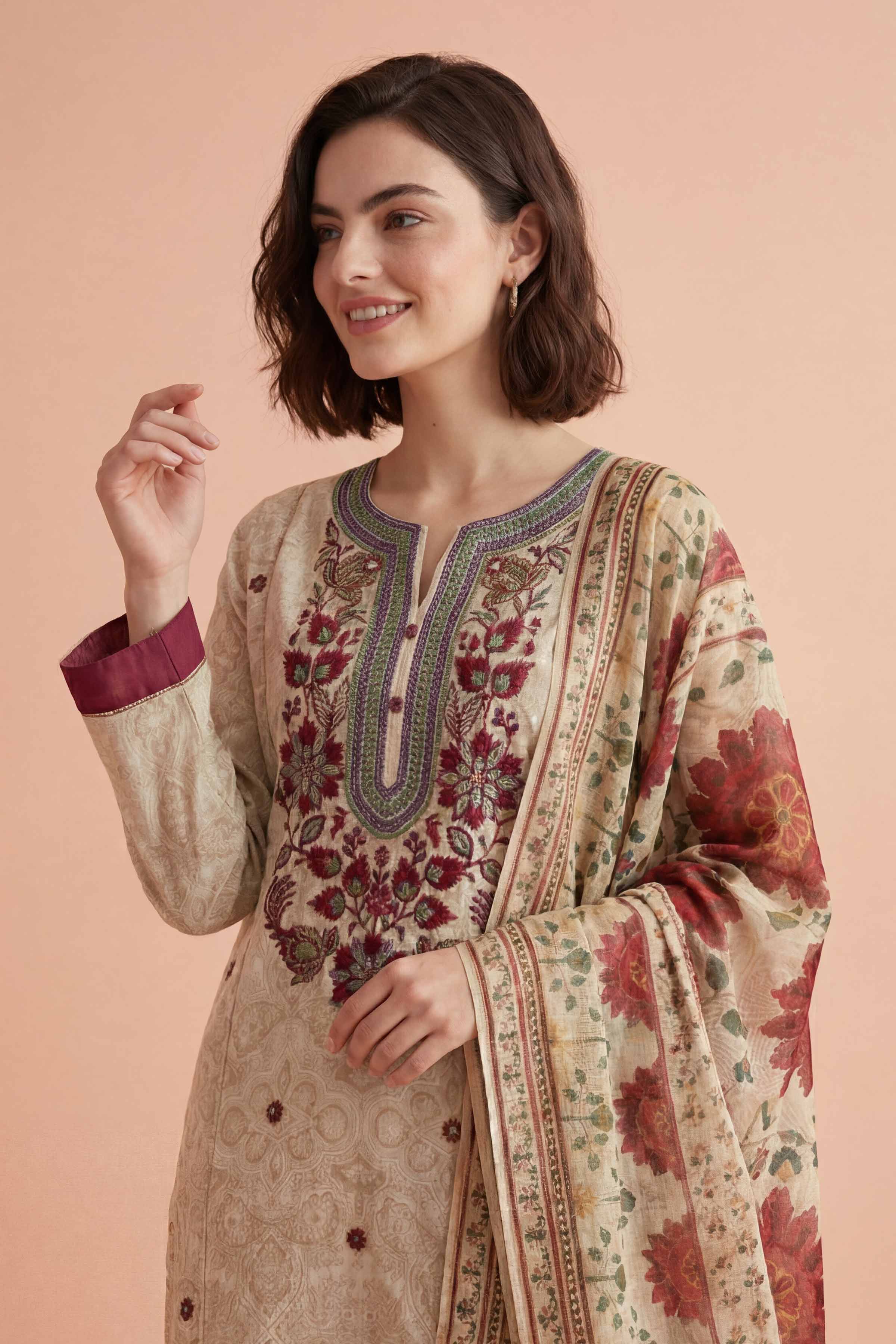 3 Piece - Printed Embroidered Suit - PE26-331