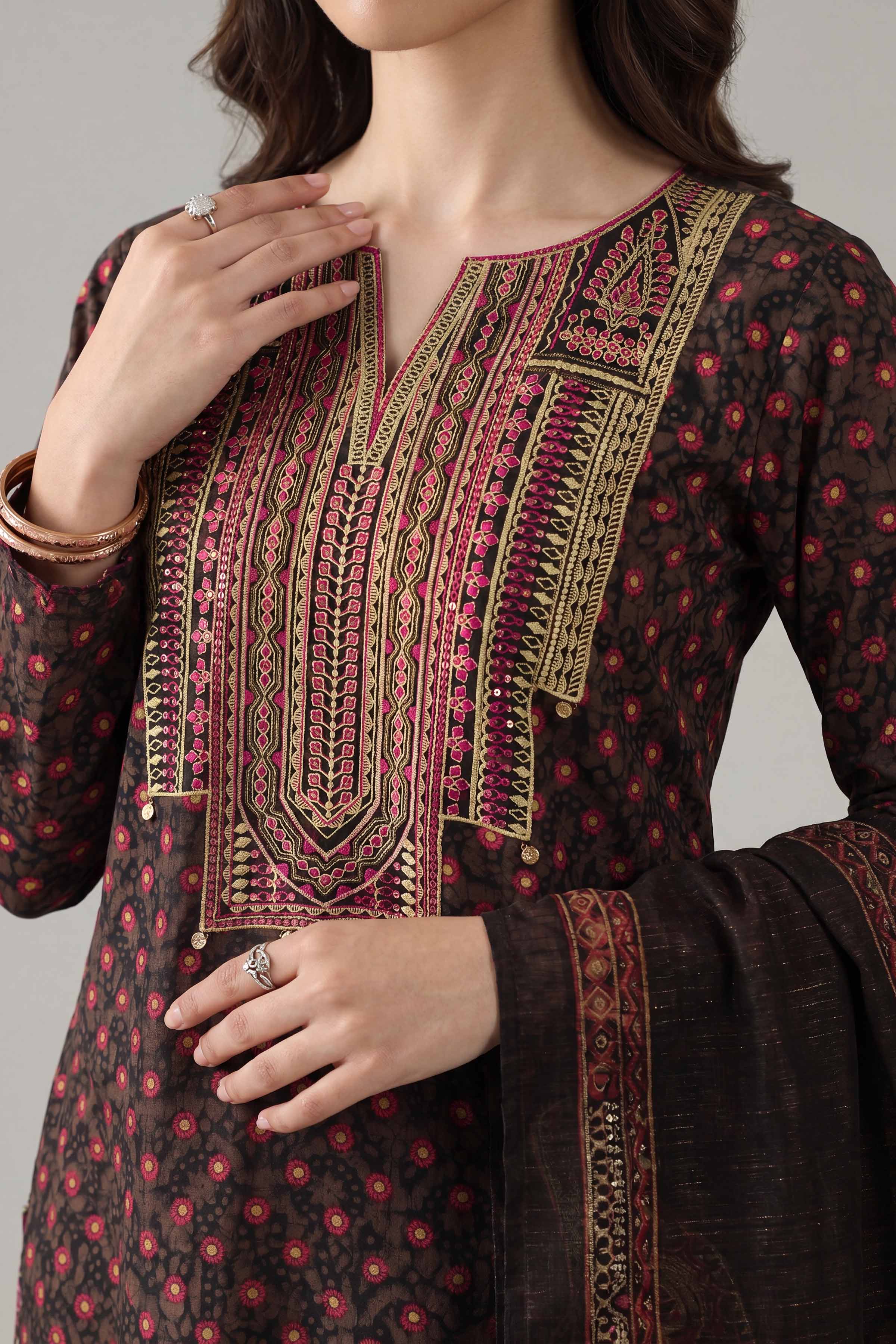 3 Piece - Printed Embroidered Suit - PE26-333