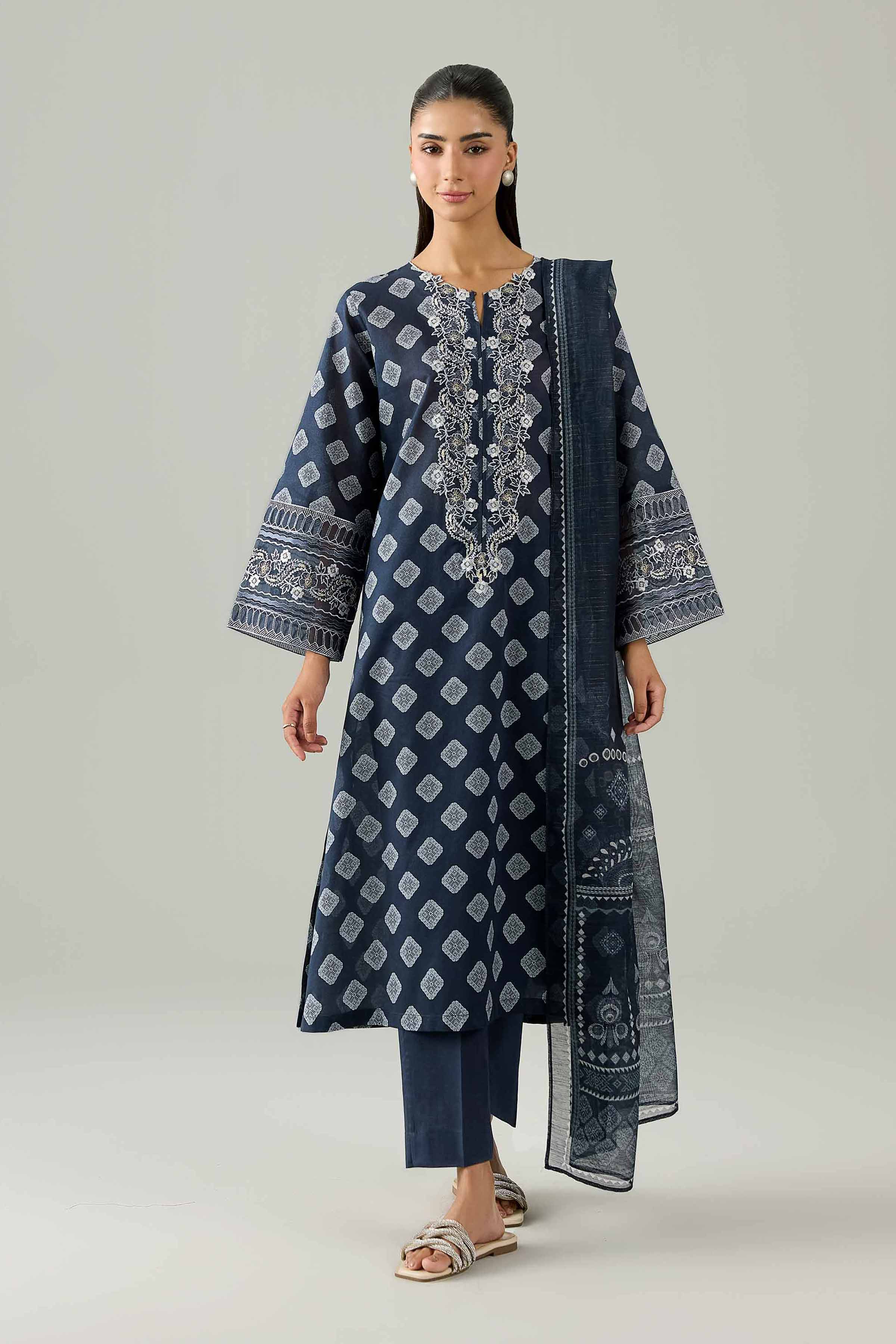 3 Piece - Printed Embroidered Suit - PE26-334 Blue Lawn 3PC Embroidered Ready To Wear