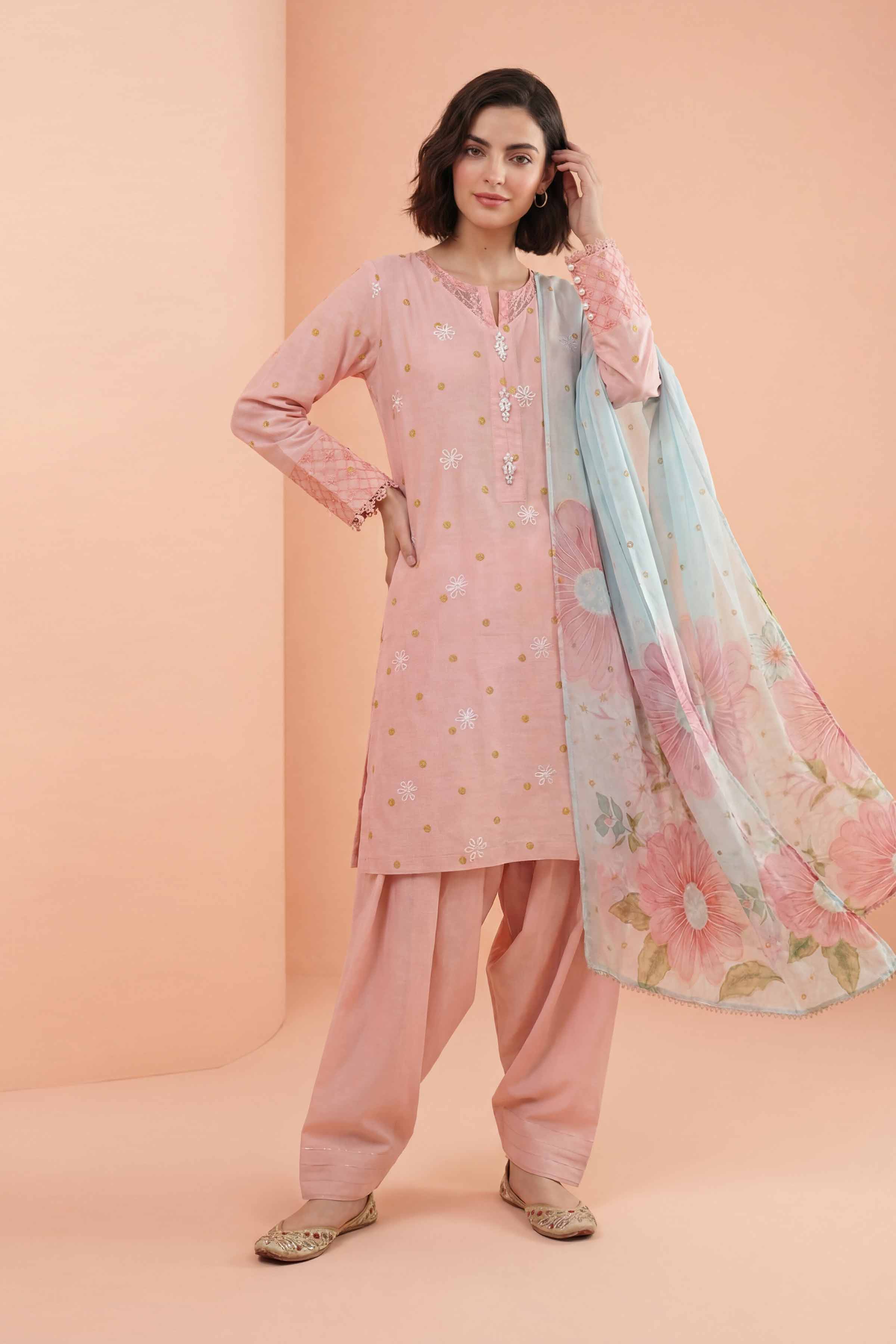 3 Piece - Embroidered Suit - PE26-338 Pink Lawn  Embroidered 