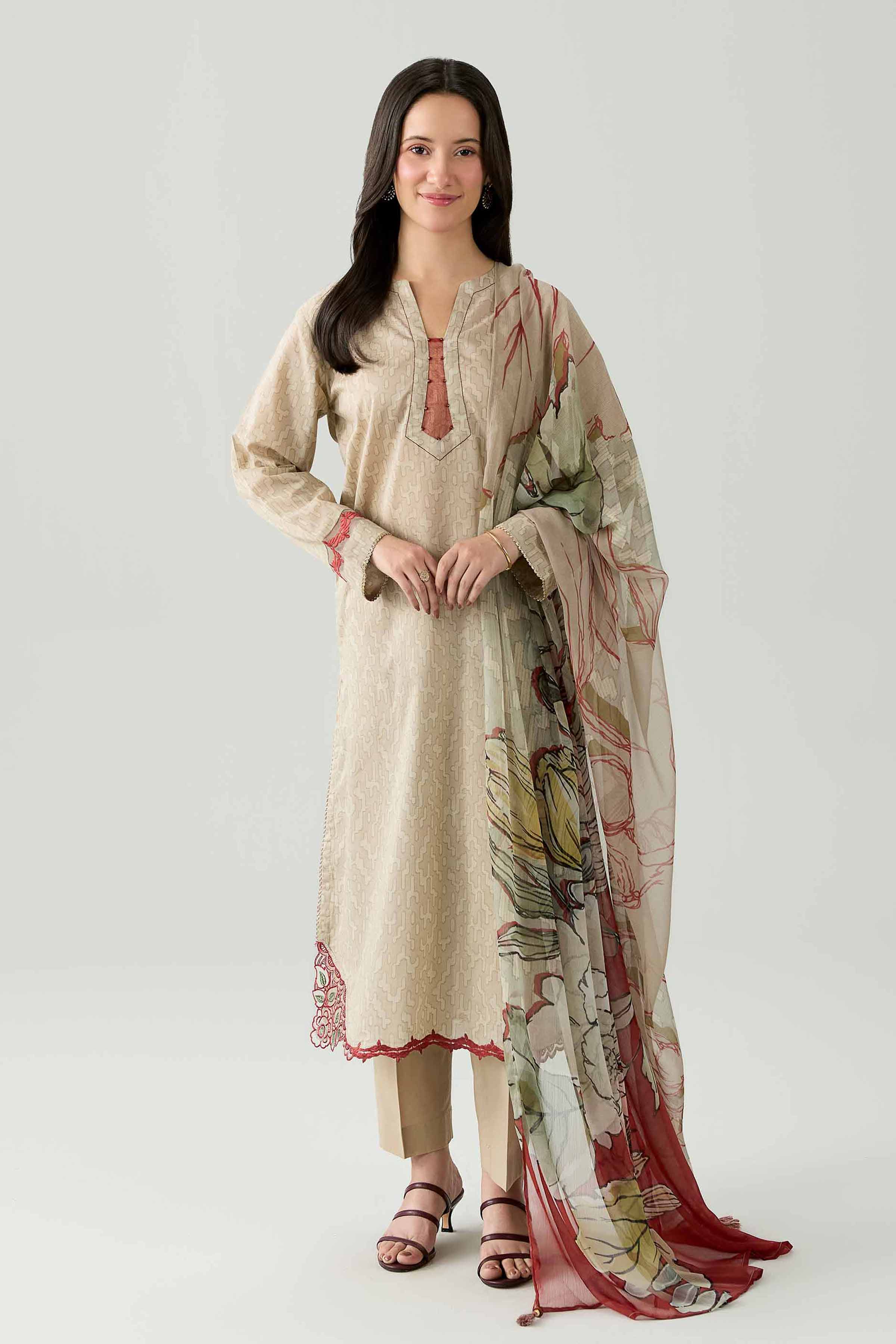 3 Piece - Printed Embroidered Suit - PE26-340 Beige Lawn 3PC Embroidered Ready To Wear