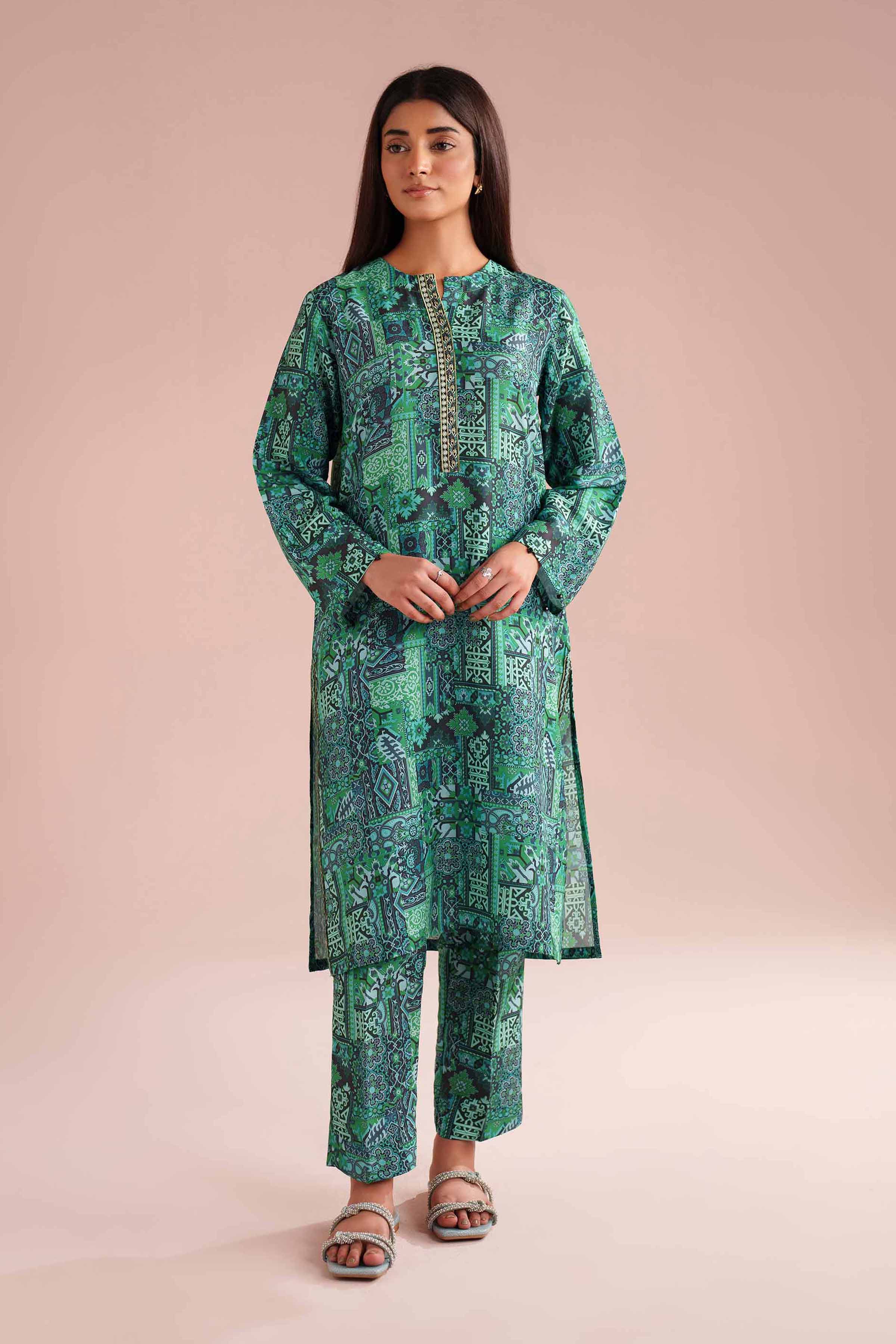2 Piece - Printed Embroidered Suit - PE26-35 NishatUAE Green Lawn 2PC Embroidered Ready To Wear