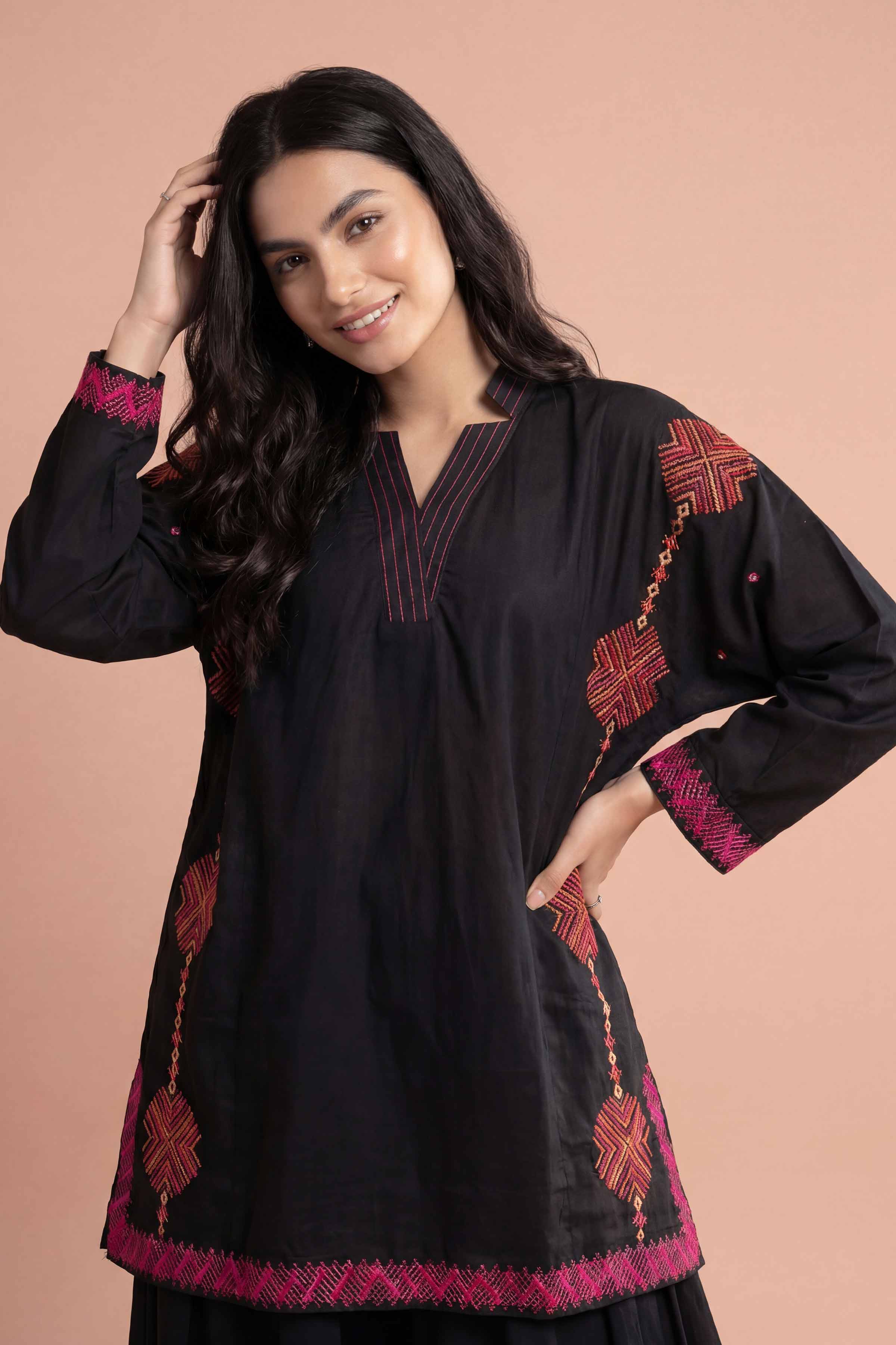 Embroidered Kurta - PE26-371 Balck Cambric 1PC Embroidered