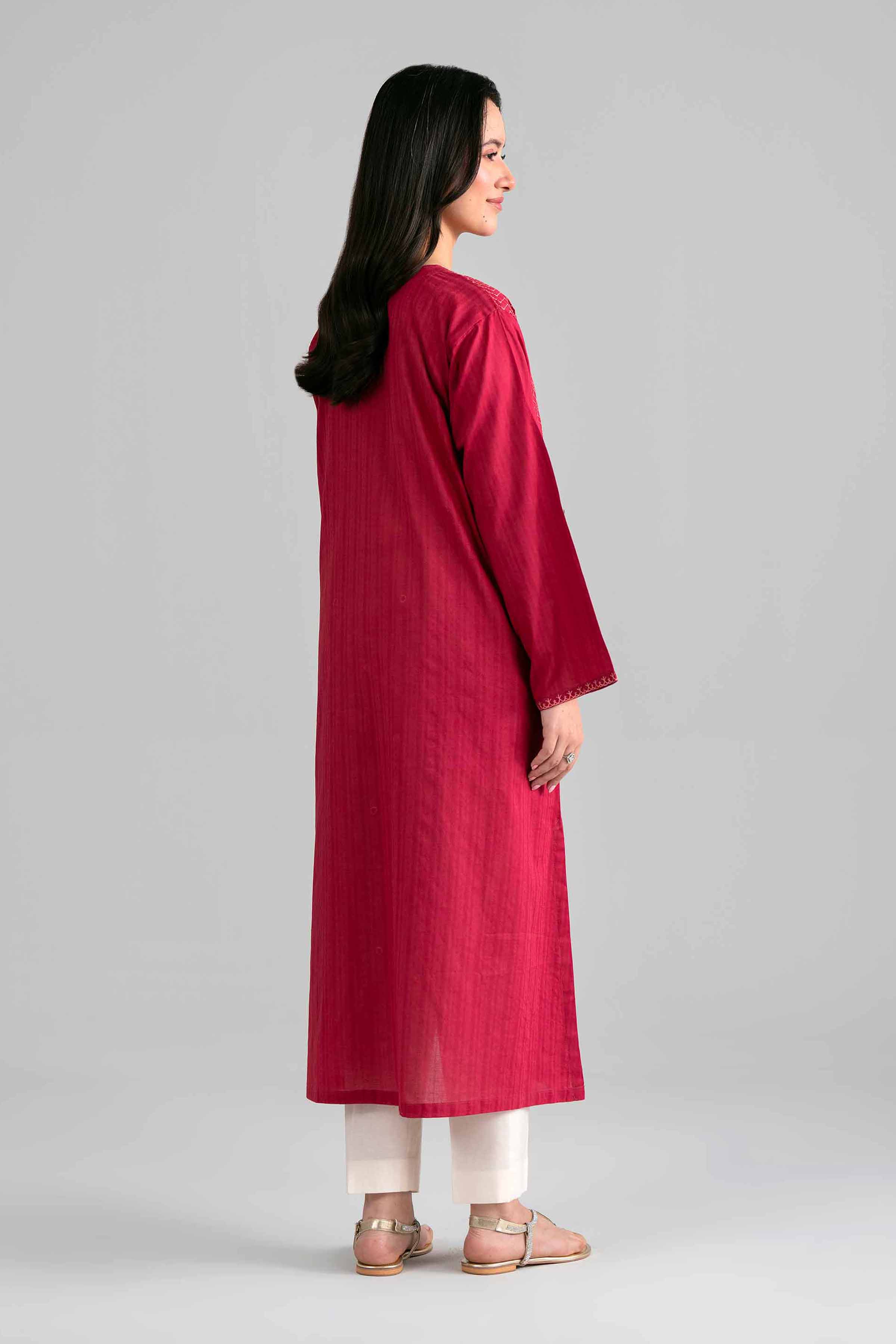 Embroidered Shirt - PE26-385 Red Dobby 1PC Embroidered READY TO WEAR