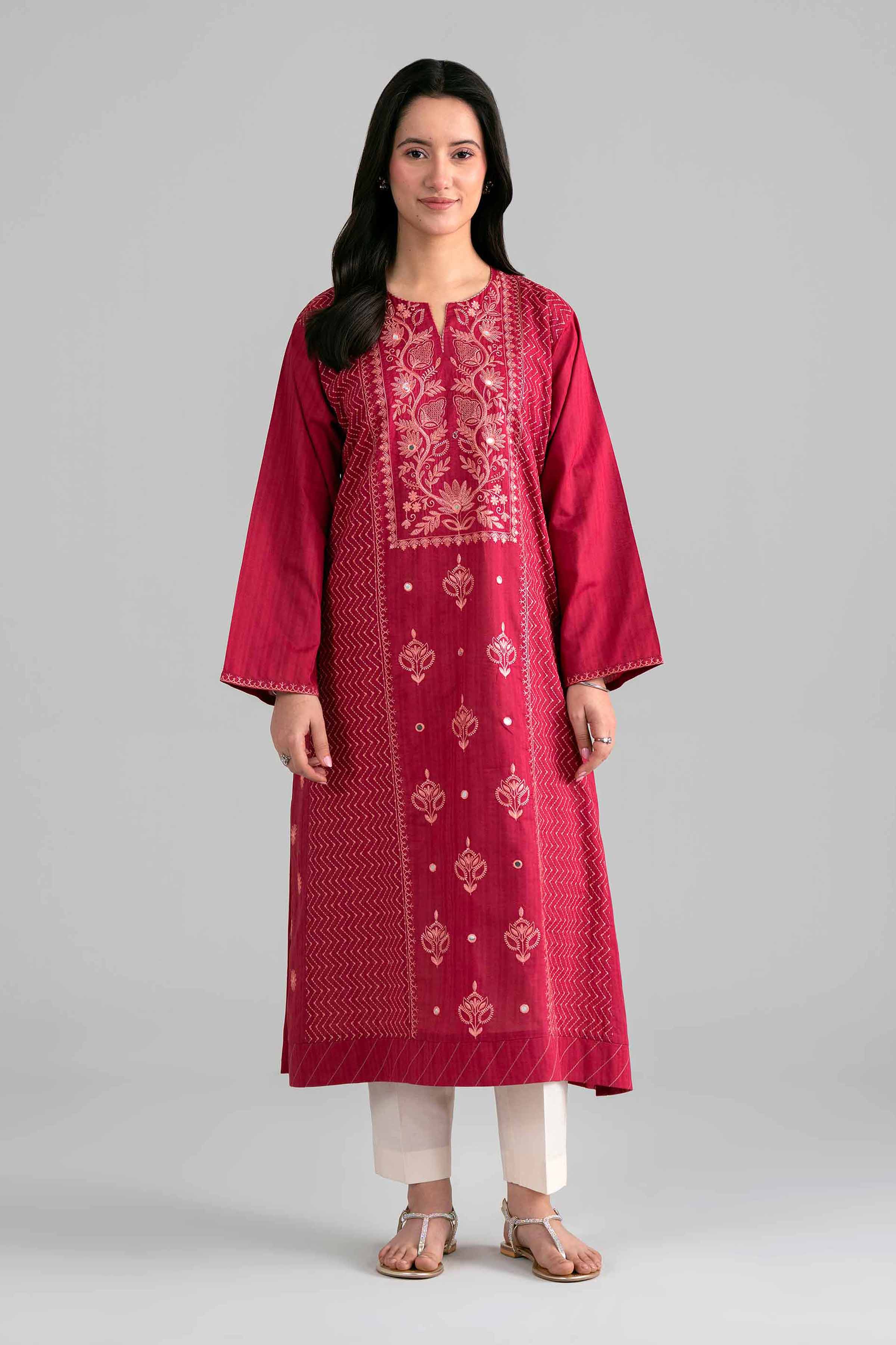 Embroidered Shirt - PE26-385 Red Dobby 1PC Embroidered READY TO WEAR
