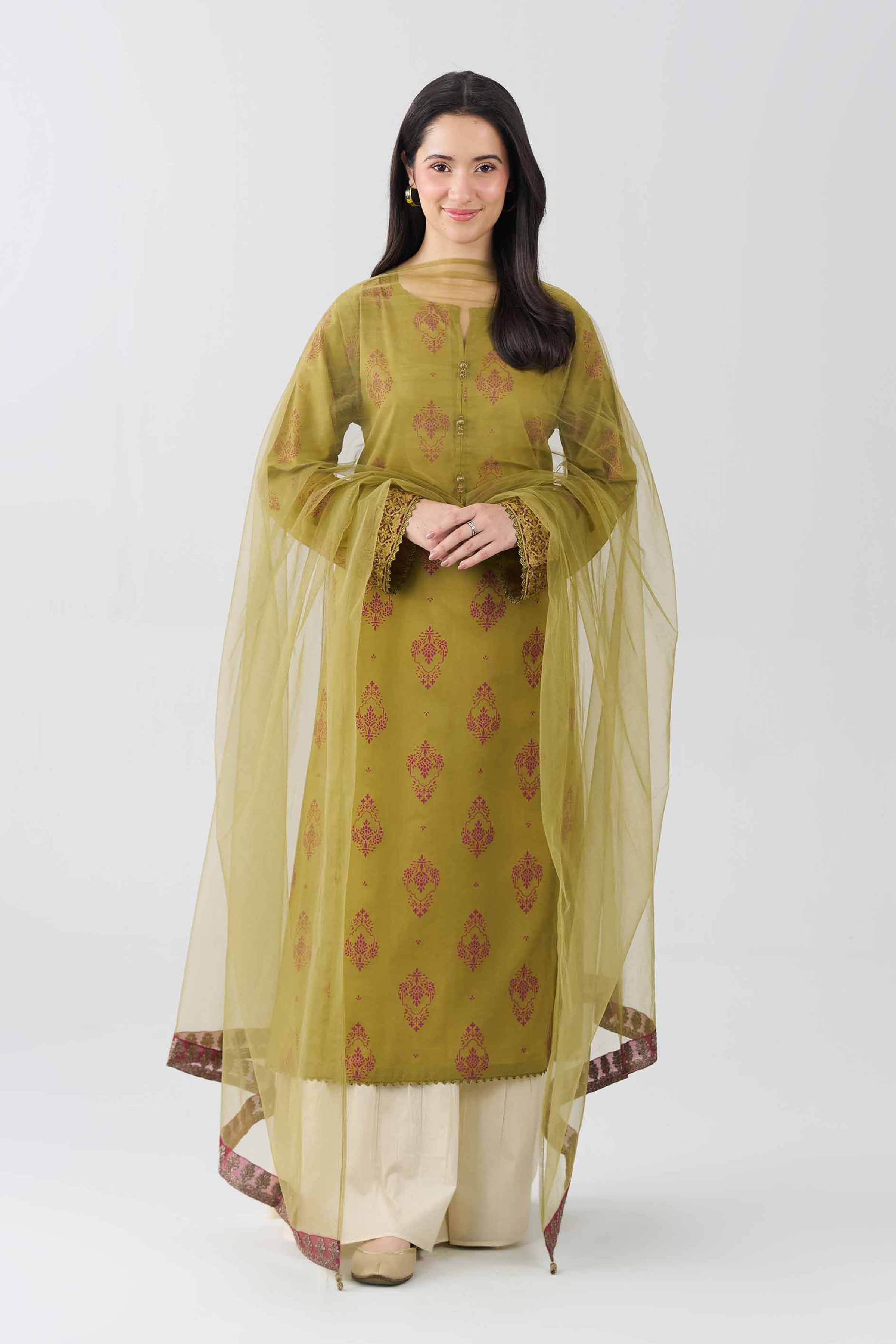 2 Piece - Embroidered Suit - PE26-439 Green Lawn  Embroidered A-Line shirt