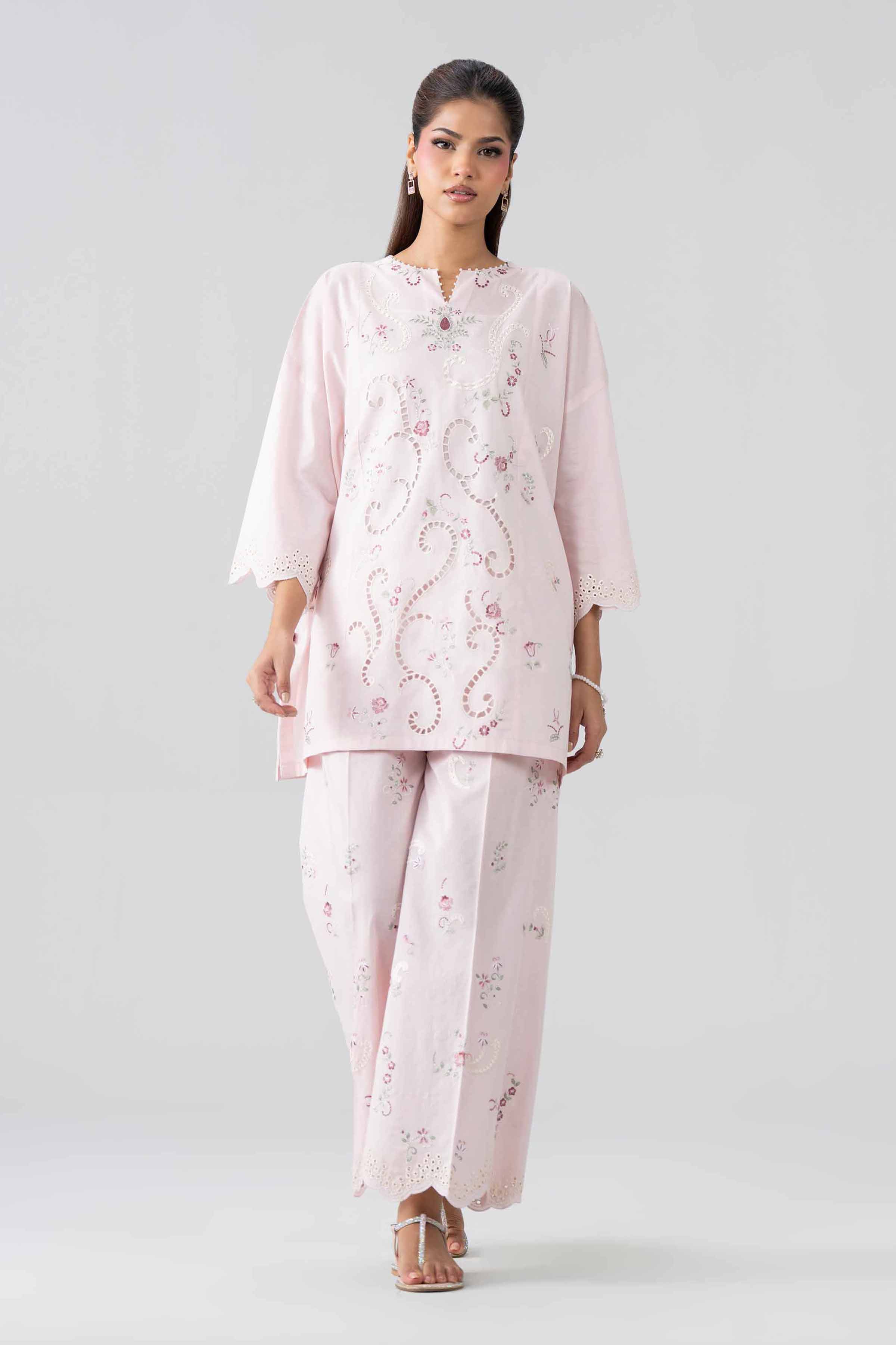2 Piece - Embroidered Suit - PE26-453 Pink Cambric  Embroidered Straight shirt