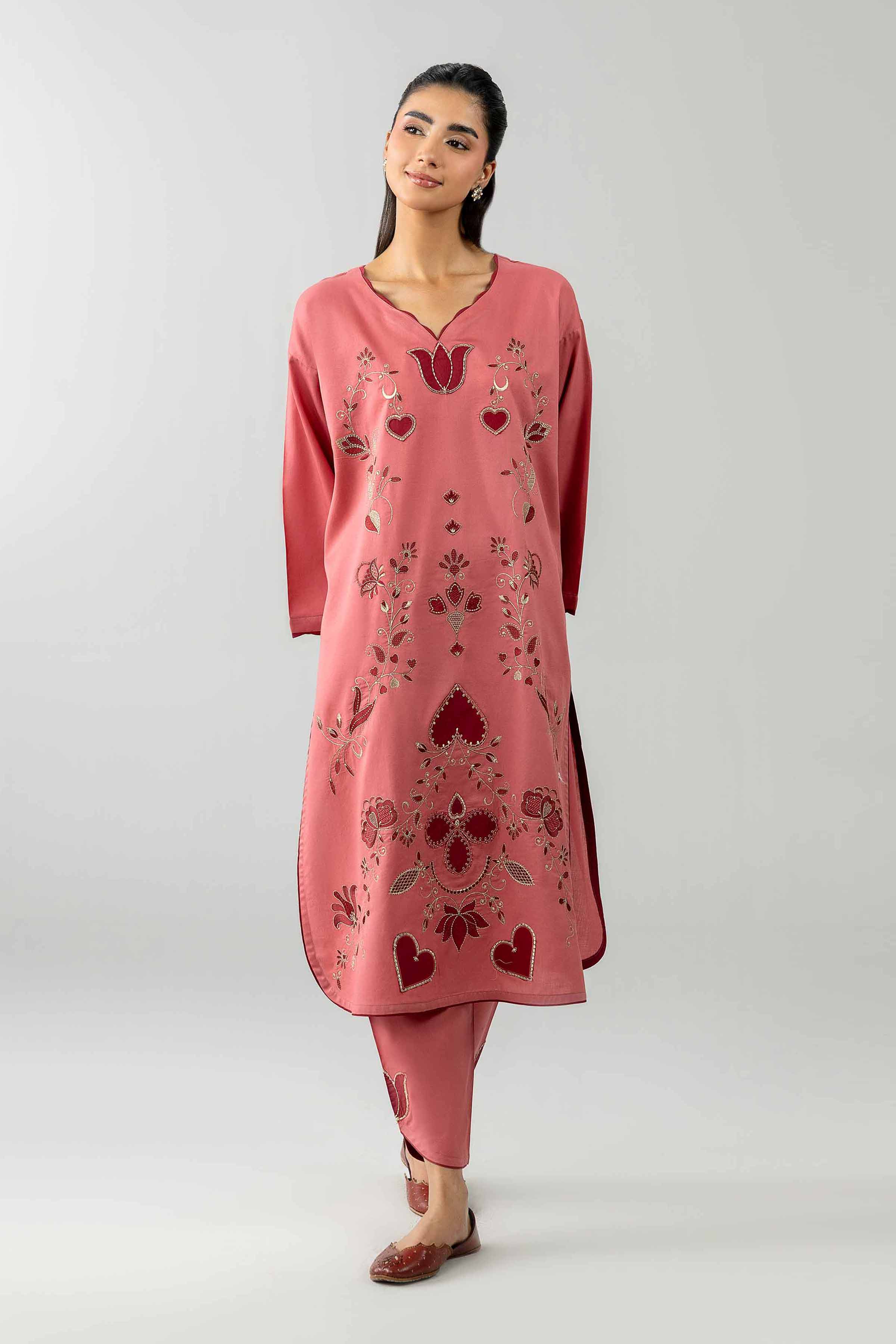2 Piece - Embroidered Suit - PE26-467 Pink Satin  Embroidered Straight shirt