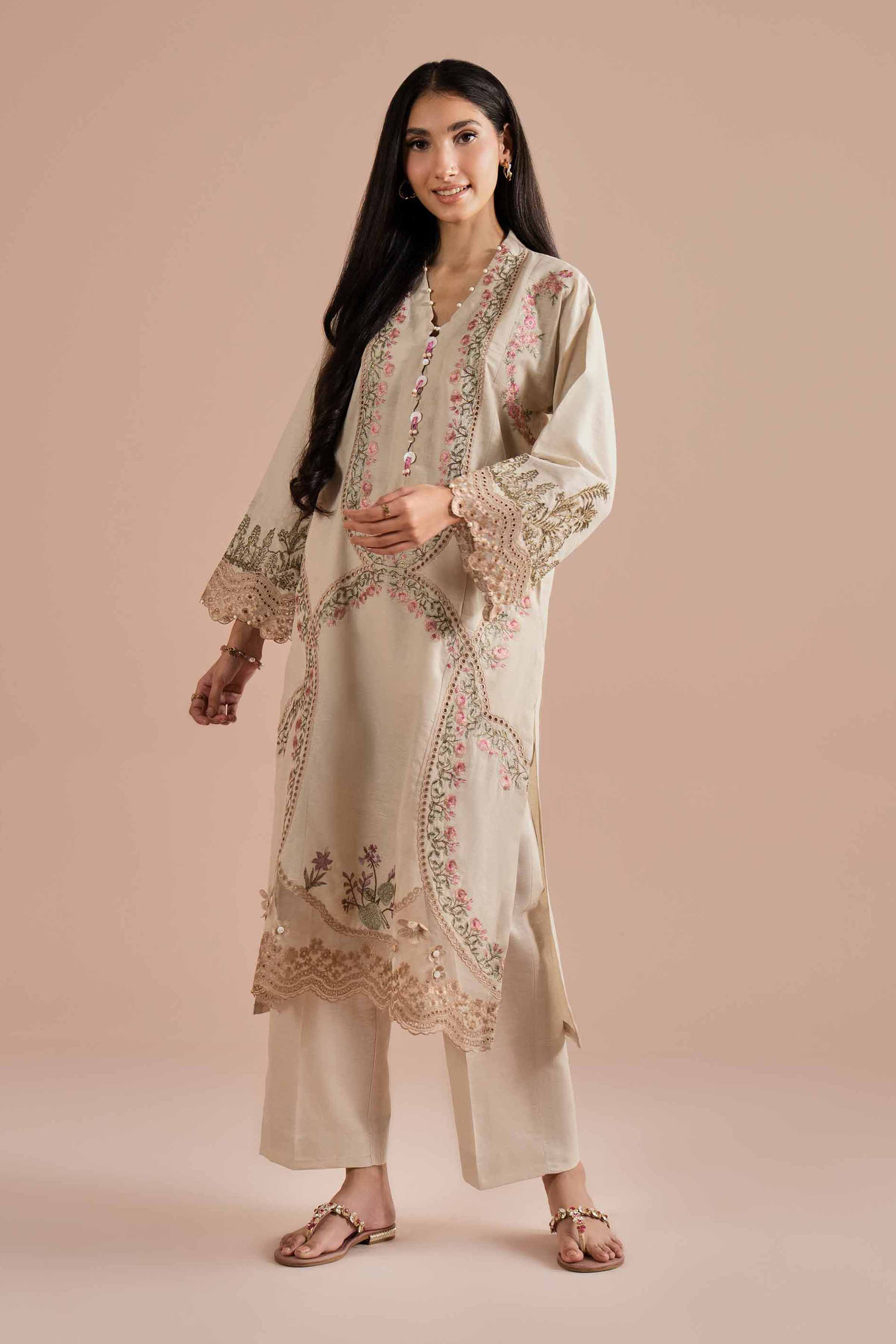2 Piece - Embroidered Suit - PE26-48 Beige Linen  Embroidered Straight shirt