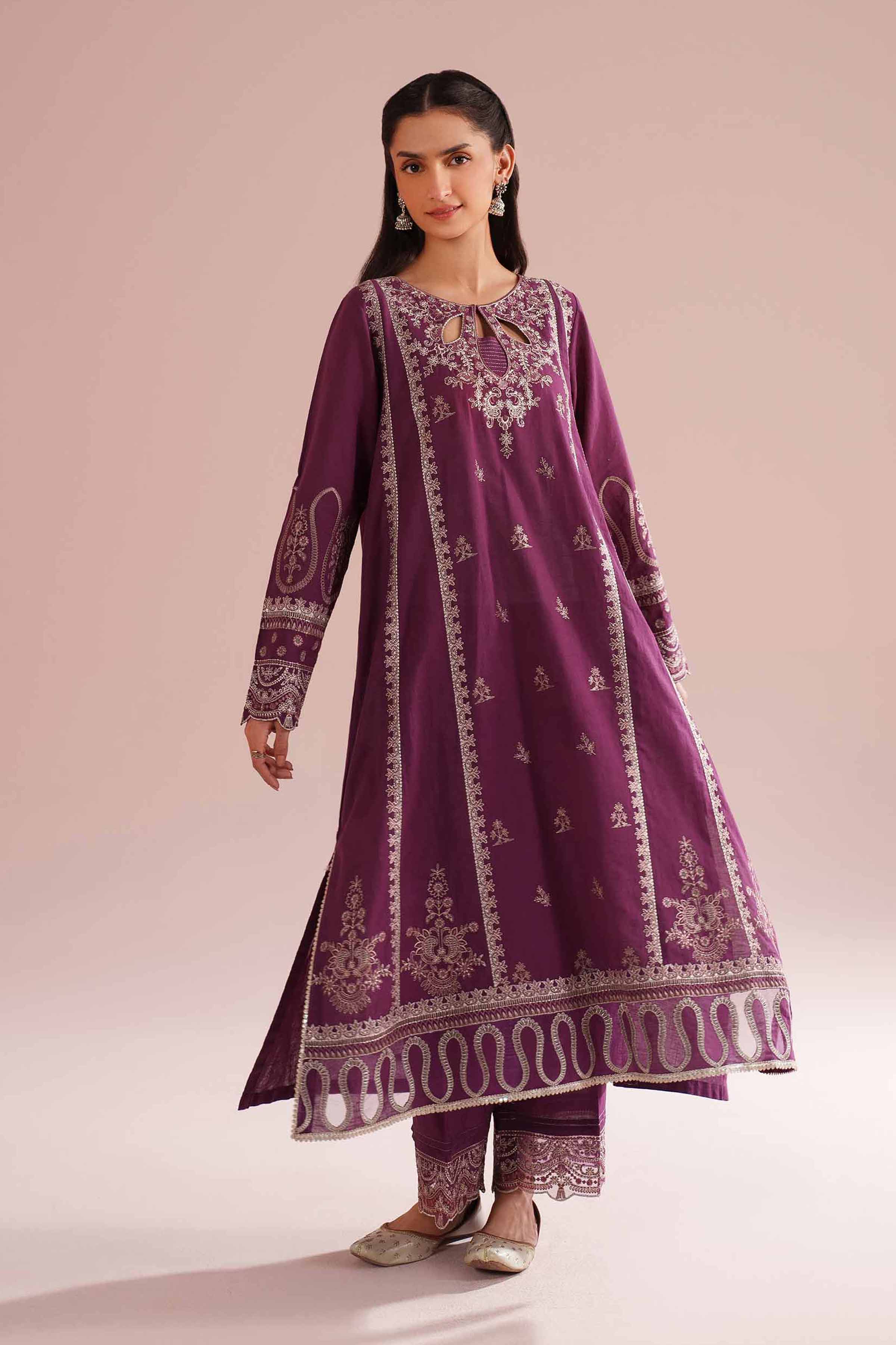 2 Piece - Embroidered Suit - PE26-49 Purple Linen 2PC Embroidered