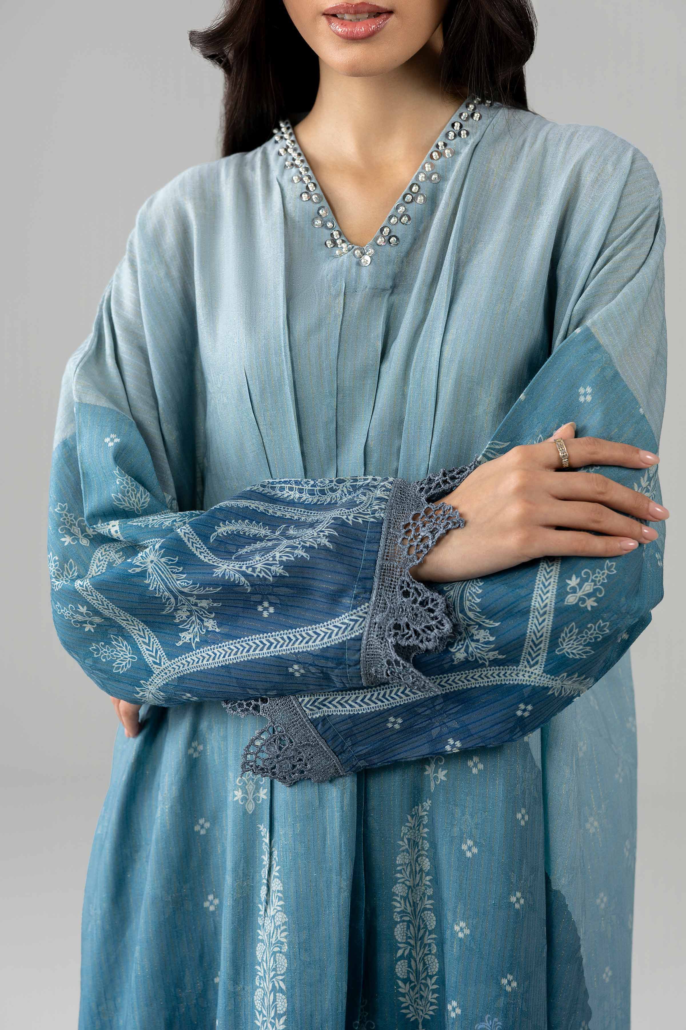 2 Piece - Printed Embroidered Suit - PE26-490 Blue Fancy Base 2PC Embroidered READY TO WEAR