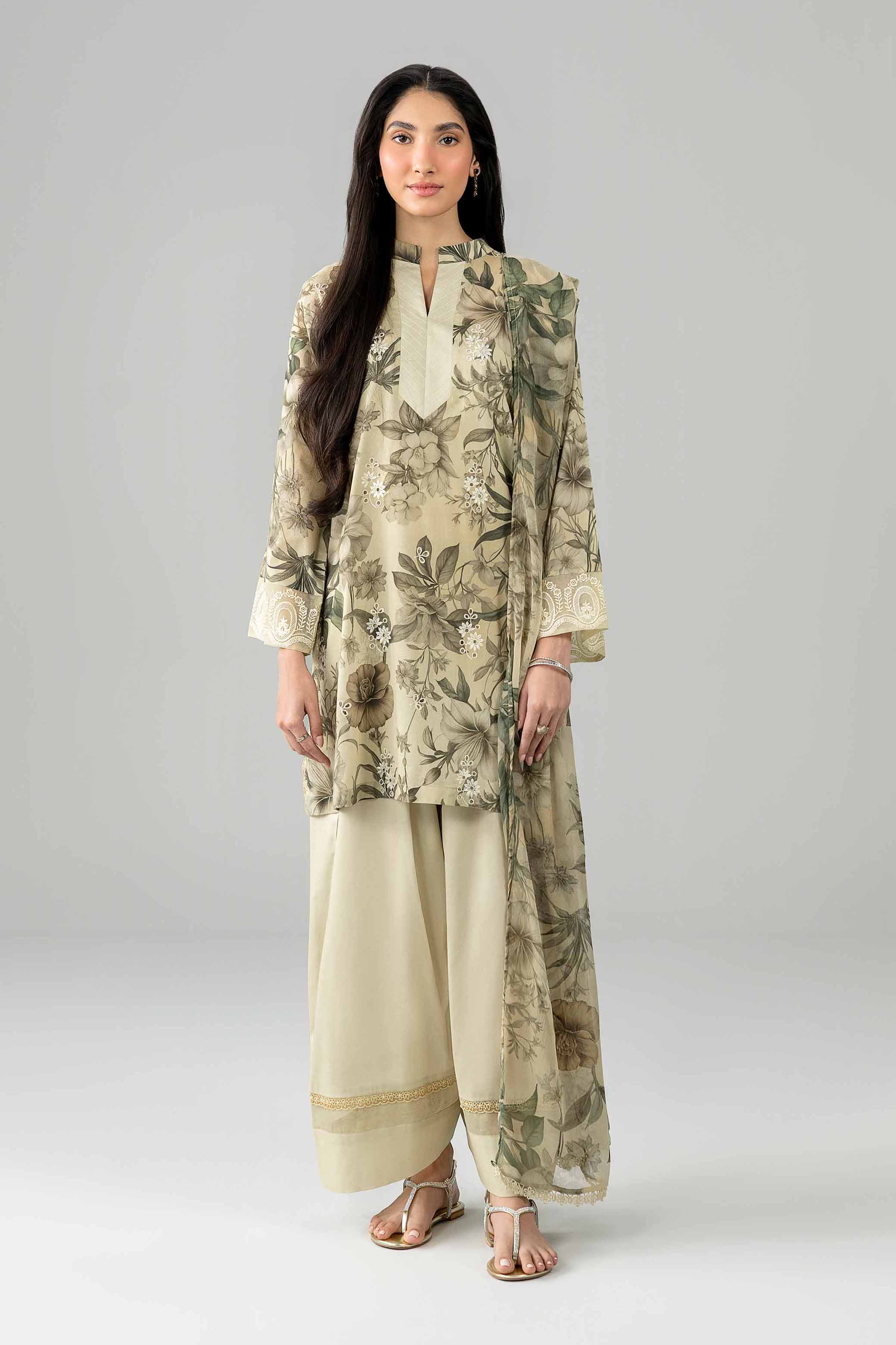 3 Piece - Printed Embroidered Suit - PE26-497 Beige Lawn 3PC Embroidered READY TO WEAR