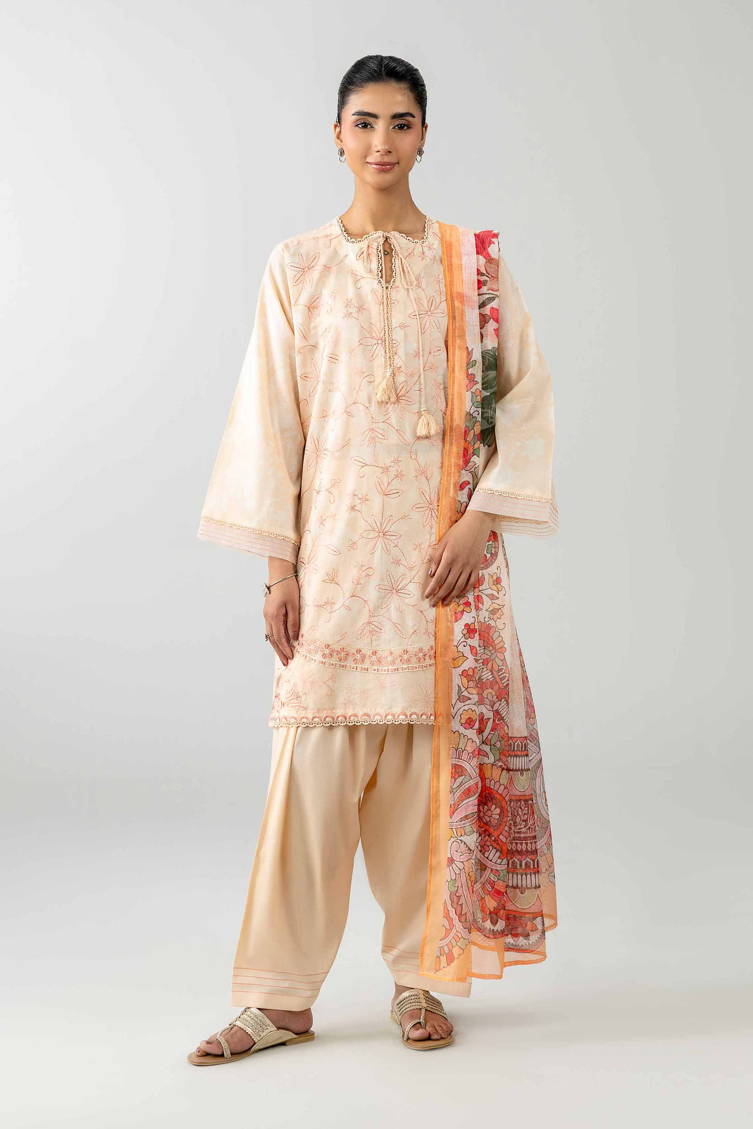 3 Piece - Printed Embroidered Suit - PE26-500 Beige Lawn 3PC Embroidered