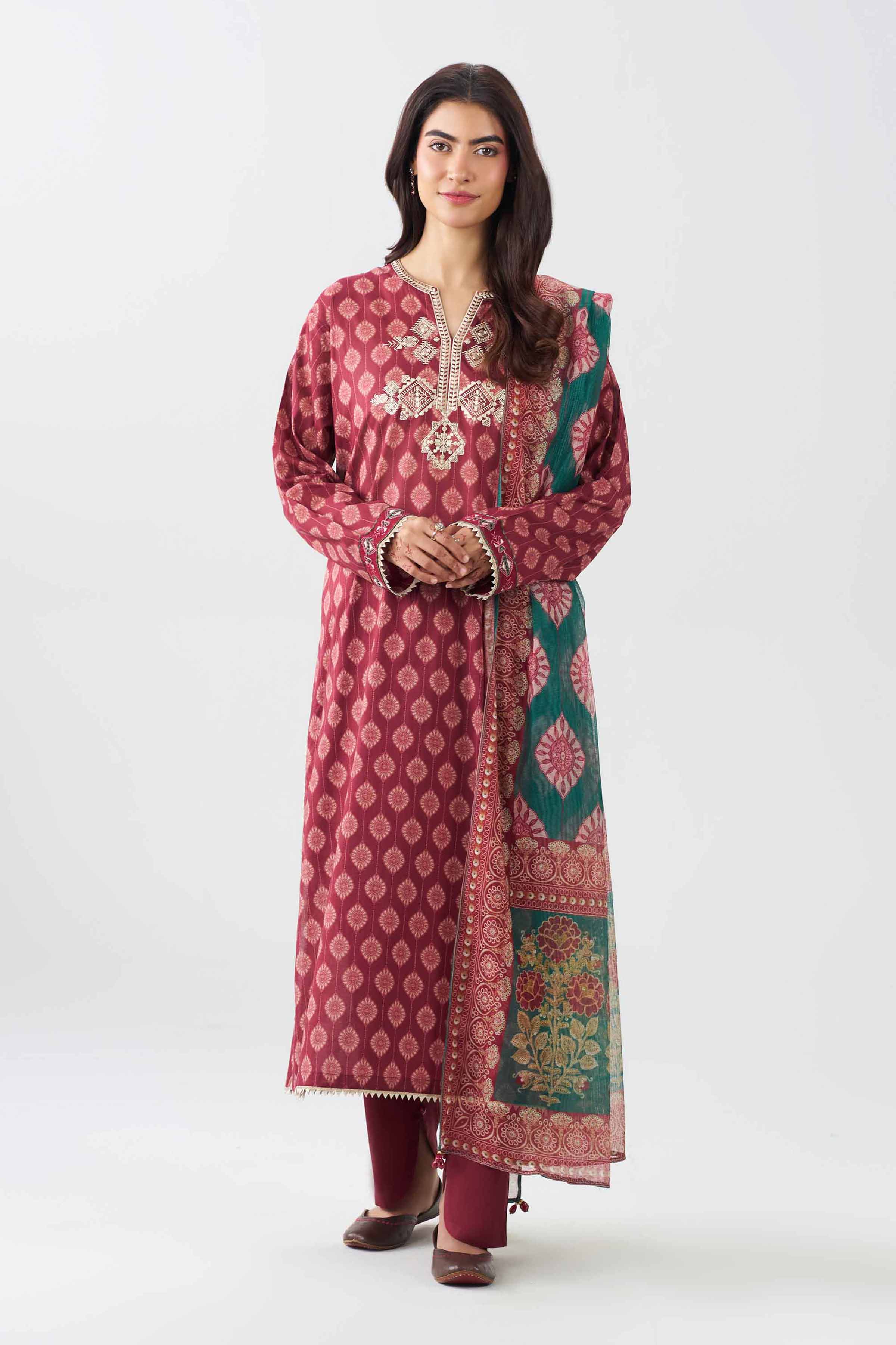 3 Piece - Printed Embroidered Suit - PE26-505 Red Lawn  Embroidered Straight shirt