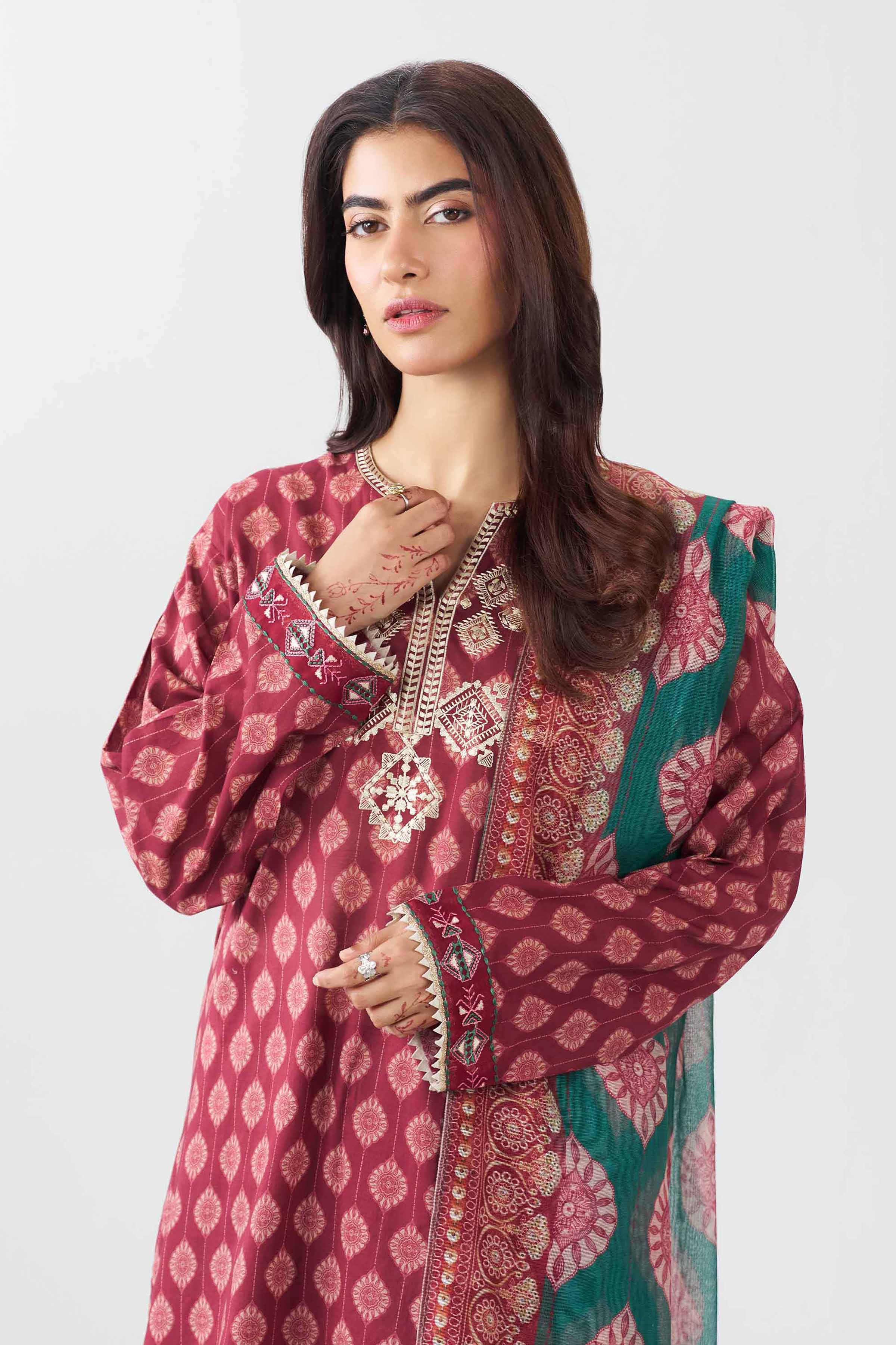 3 Piece - Printed Embroidered Suit - PE26-505